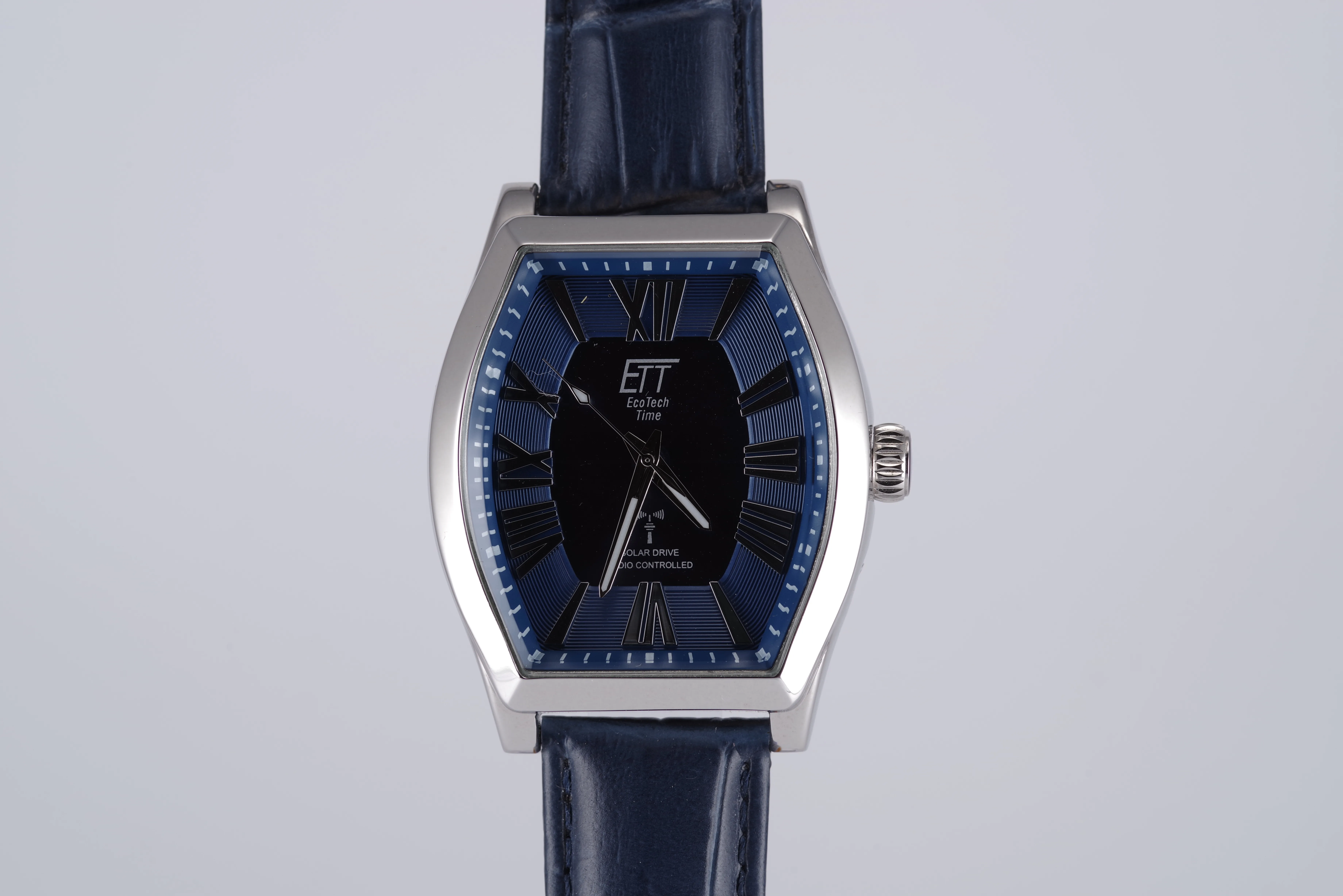 ETT Herren-Armbanduhr Funk Solar Quarz blaues Ziffernblatt silberfarbenes Gehäuse blaues Armband