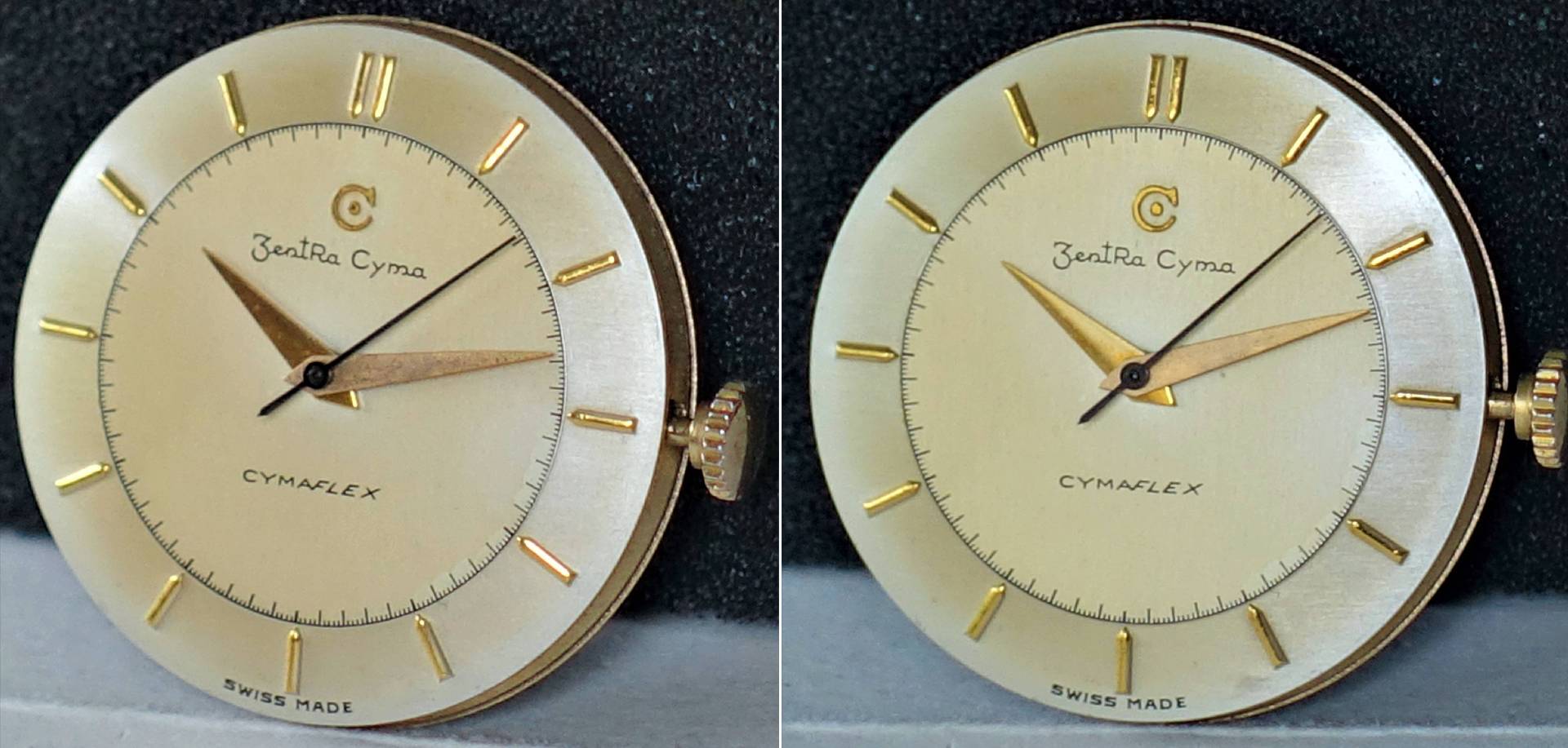 Rundes Uhrwerk mit beigem Zifferblatt, goldfarbenen Zeigern und goldfarbenen Indizes, Aufschrift "ZentRa Cyma" und "CYMAFLEX".