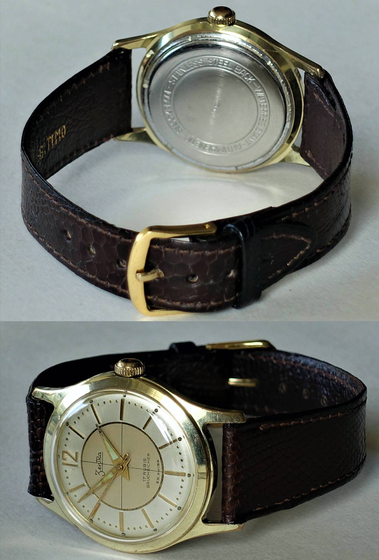 Goldfarbene Armbanduhr mit hellem Zifferblatt und braunem Lederarmband.