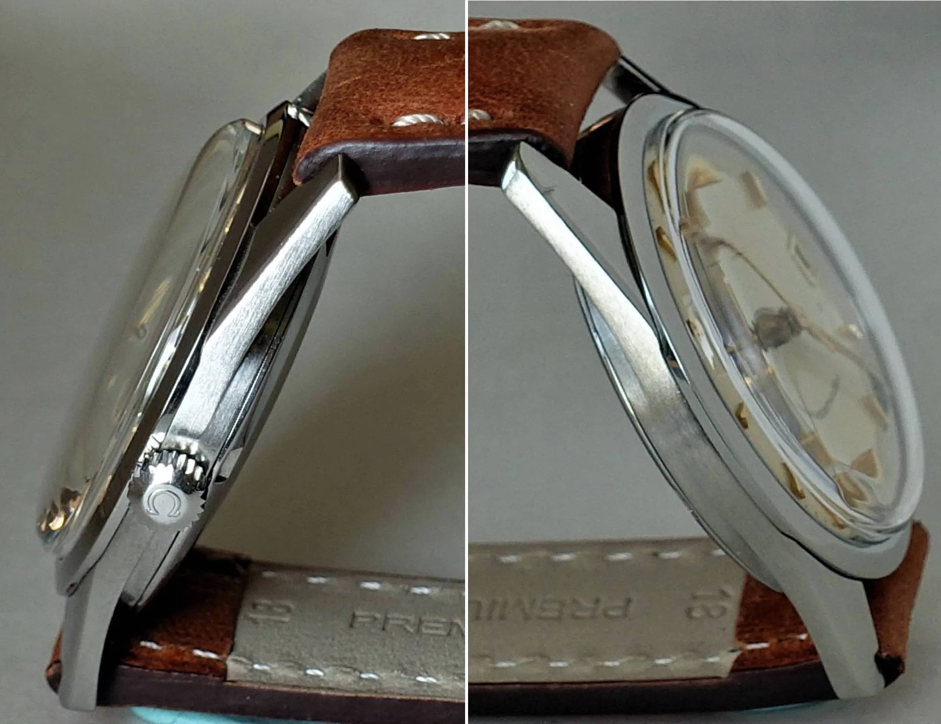 Armbanduhr silberfarben braunes Armband Silberfarbene Armbanduhr mit braunem Lederarmband, seitliche Ansicht.