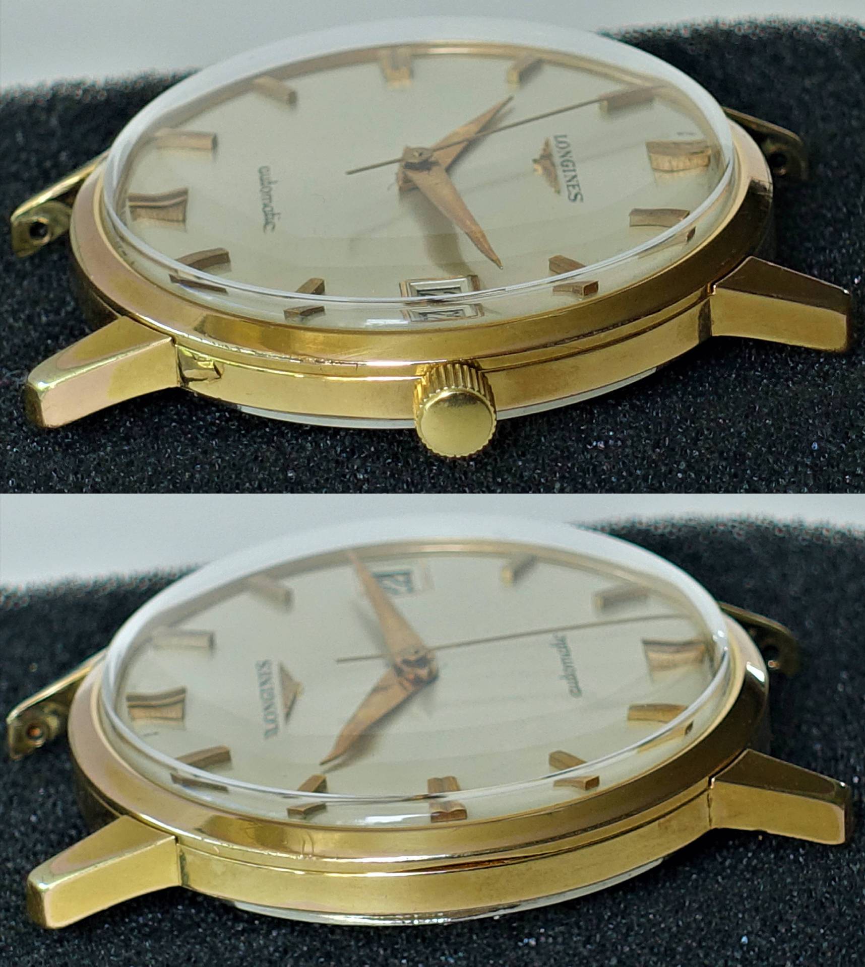 Goldfarbene Armbanduhr mit hellem Zifferblatt und Automatikaufzug.
