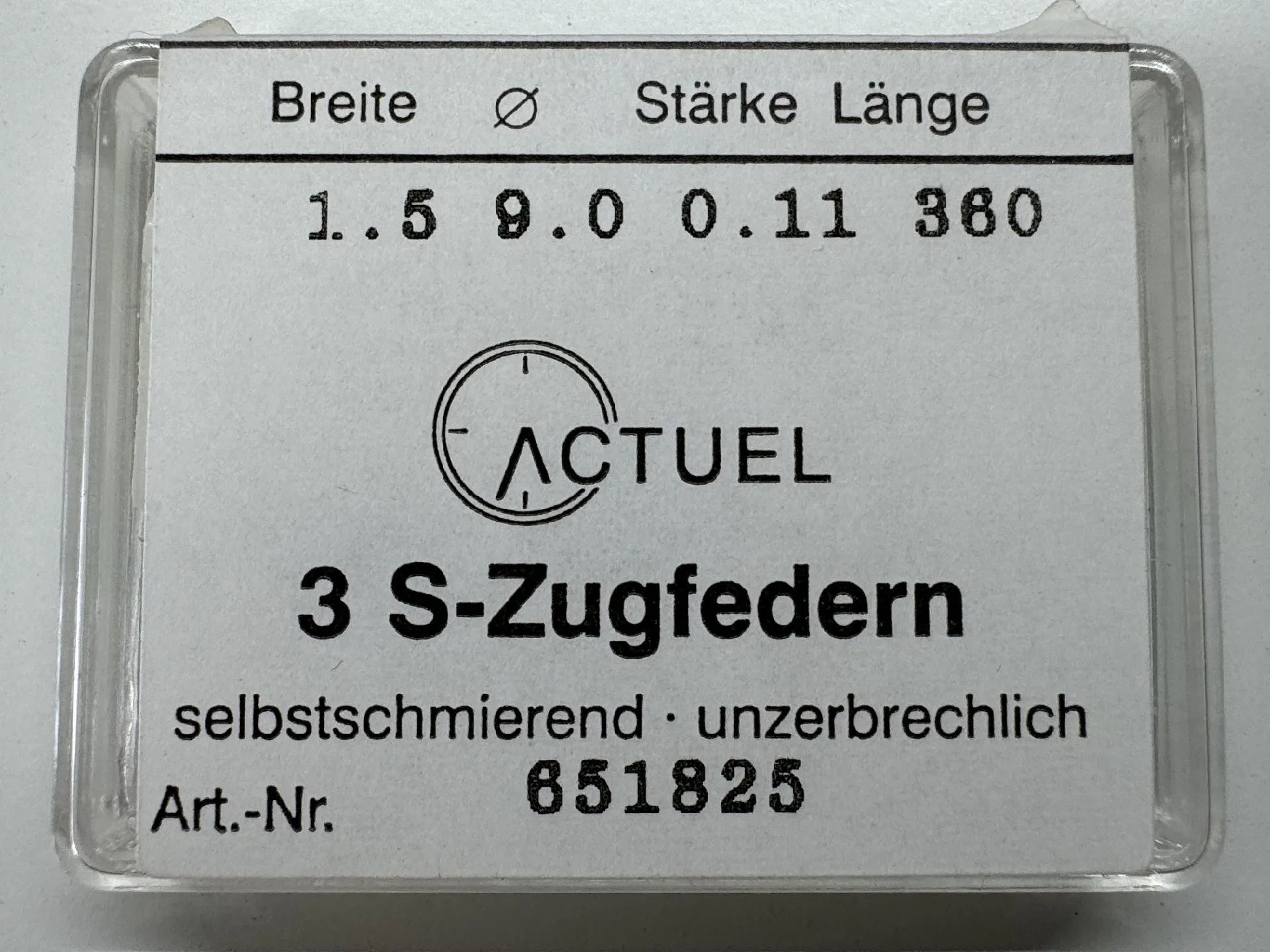 Zugfeder Set ACTUEL Verpackung mit drei selbstschmierenden Zugfedern für Uhren von ACTUEL.