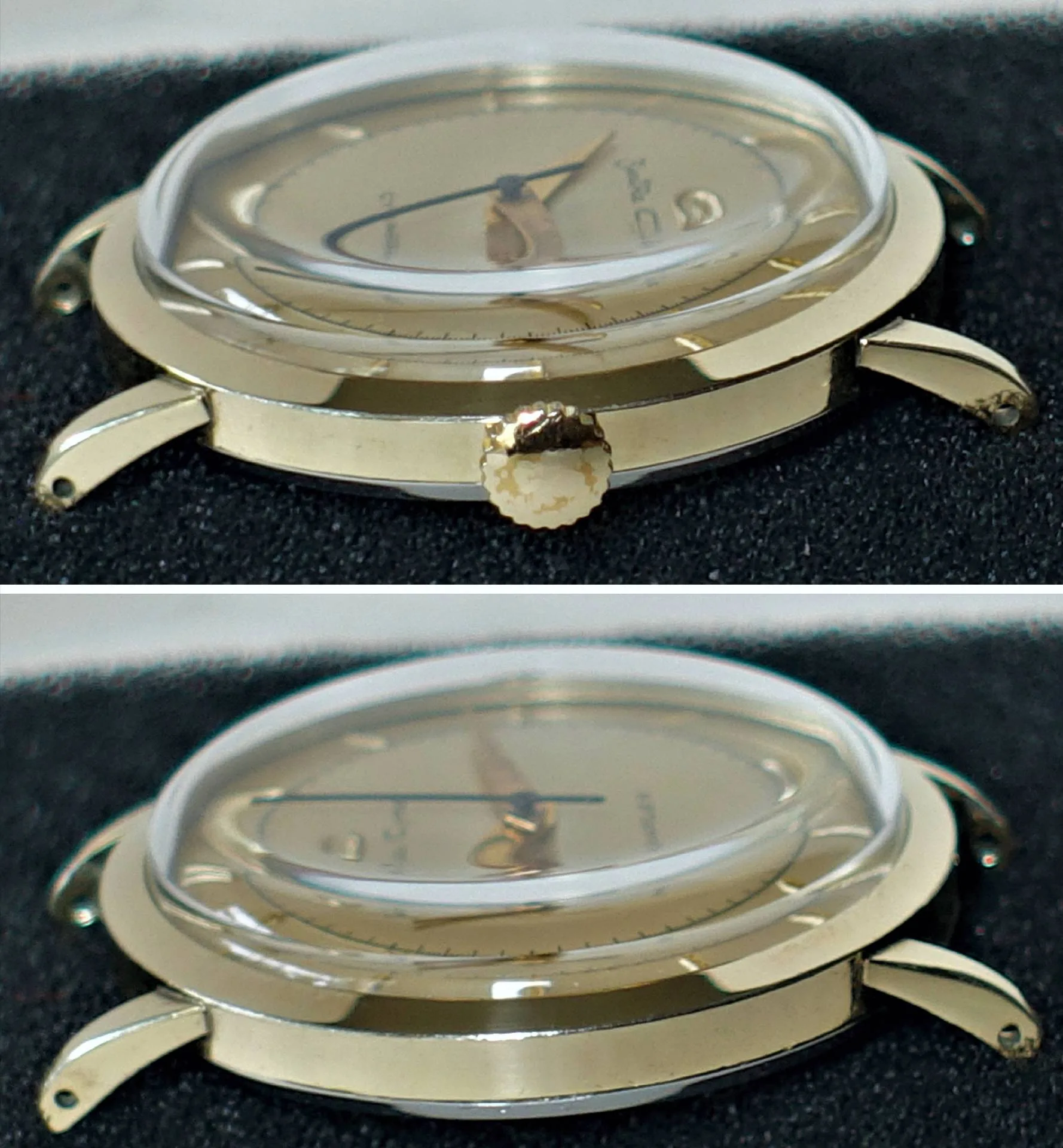 Goldfarbene Armbanduhr Gehäuse Goldfarbenes Gehäuse einer Armbanduhr mit montiertem Zifferblatt, Zeigern und Glas, ohne Armband.