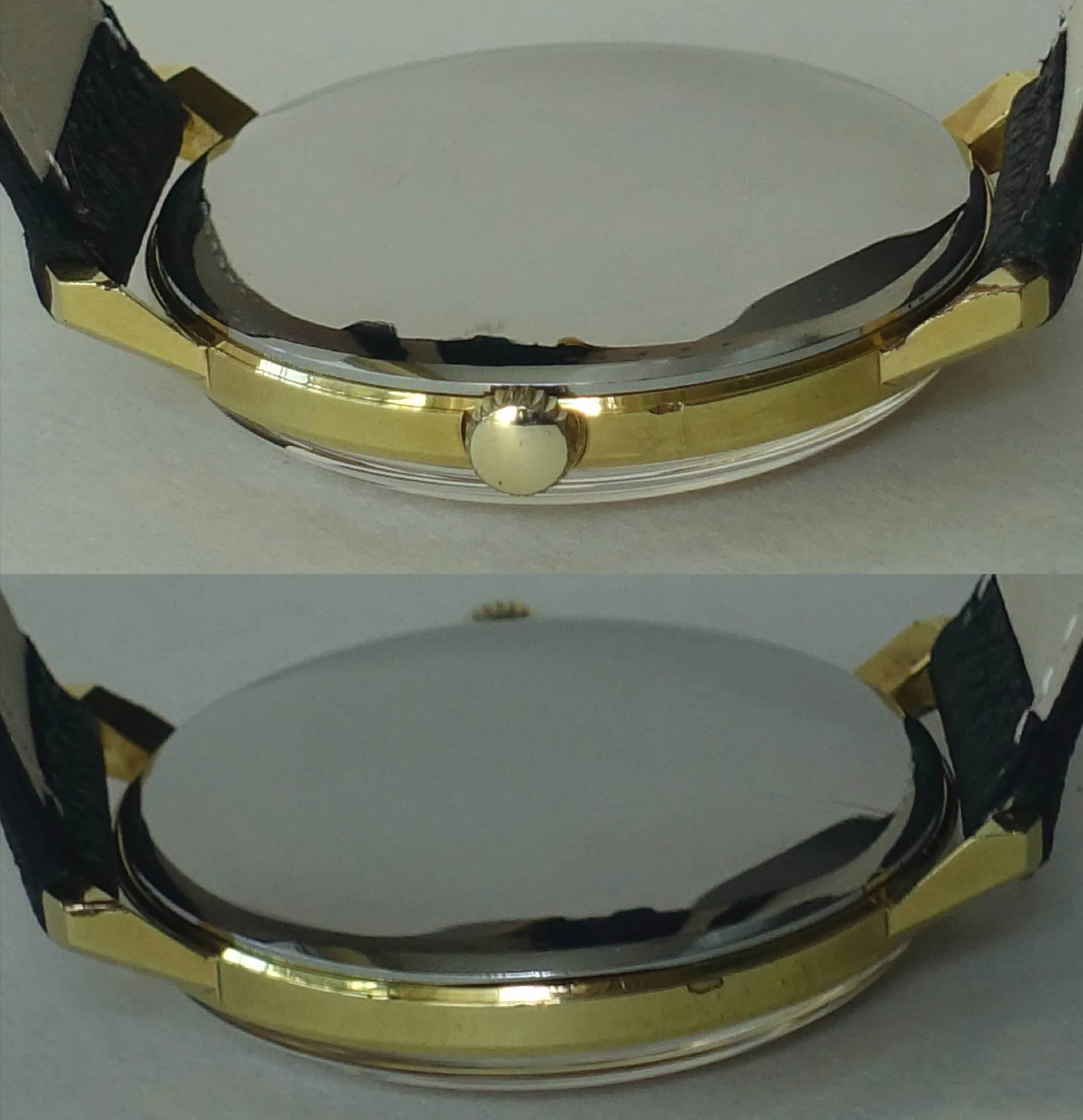 Armbanduhr Gehäuse goldfarben Rundes Gehäuse einer Armbanduhr in goldfarbener Optik mit silberfarbener Rückseite und schwarzem Armband.