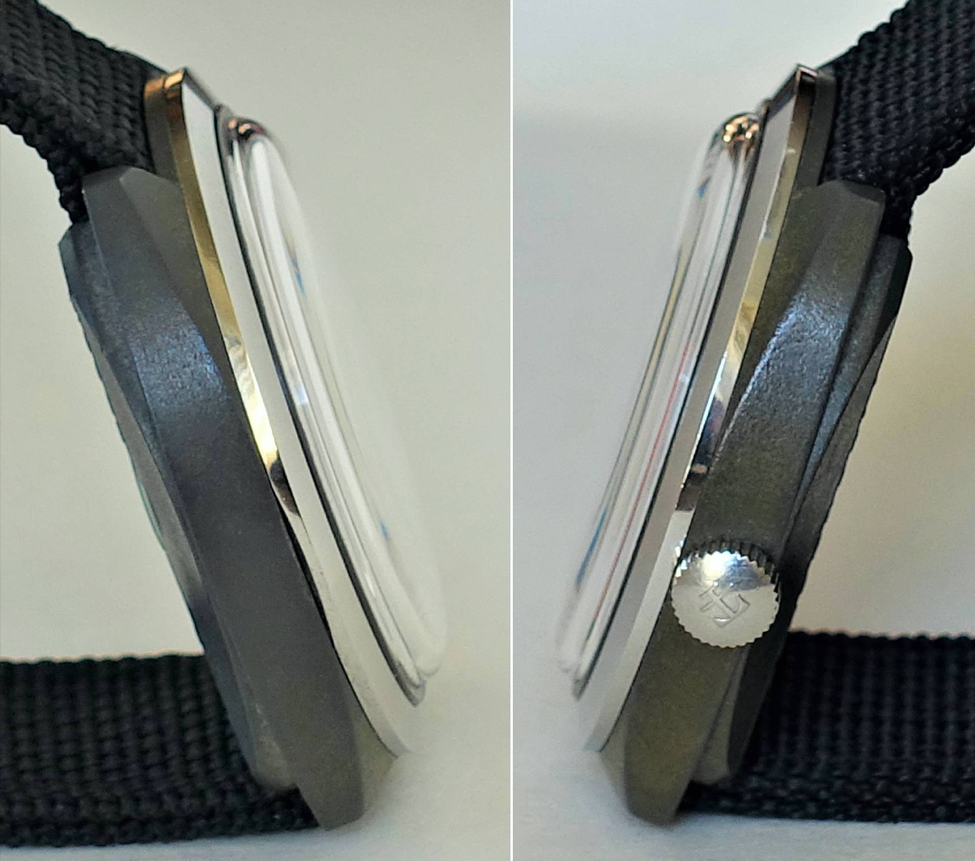 Detailansicht einer Armbanduhr von der Seite mit schickem Design und Strap