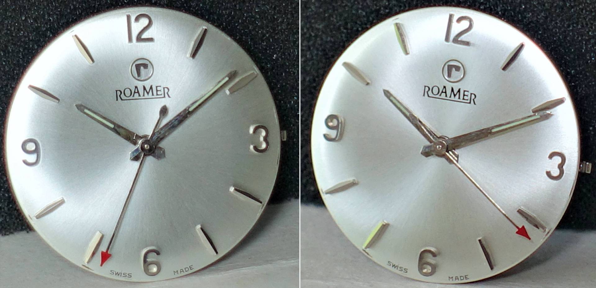 Silberfarbenes Zifferblatt mit aufgesetzten Indizes und Zeigersatz für Armbanduhr, Marke Roamer.