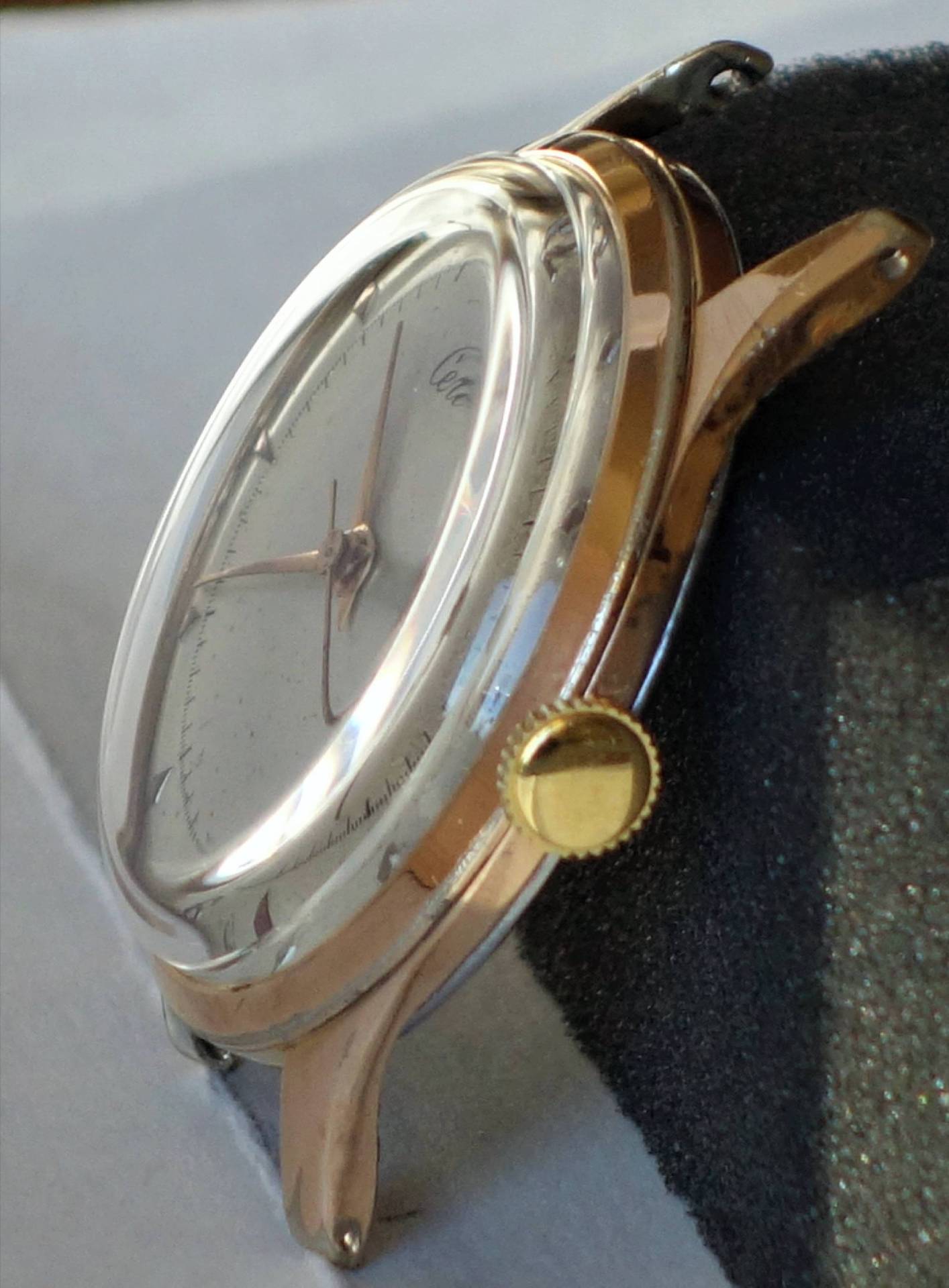 Gehäuse einer Armbanduhr in goldfarbener Ausführung mit Glas und goldfarbener Krone.