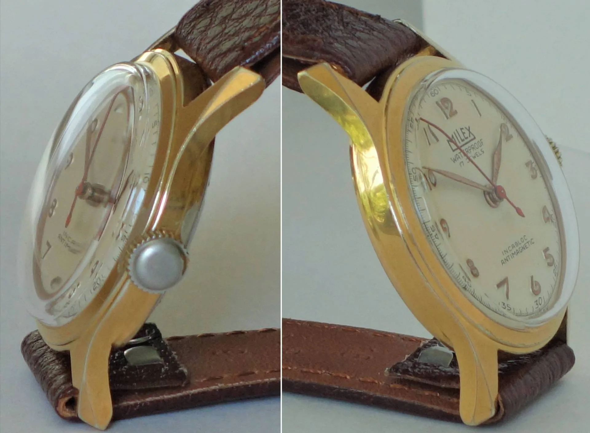 Mechanische Armbanduhr von Willex mit goldfarbenem Gehäuse, beigem Zifferblatt und braunem Armband.