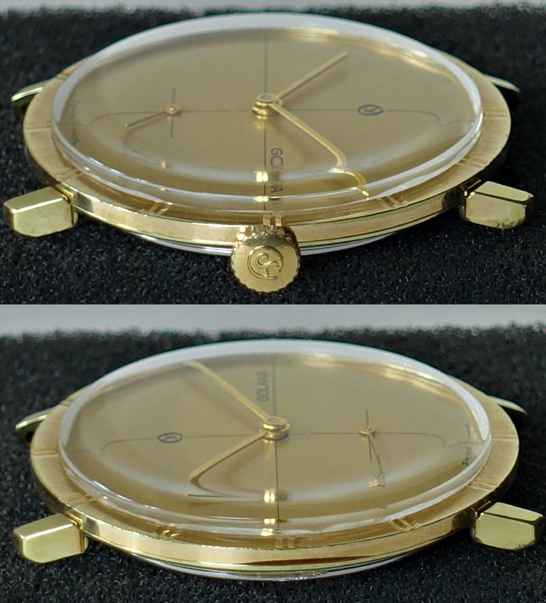 Flache, goldfarbene Armbanduhr mit rundem Gehäuse und goldfarbenem Zifferblatt.