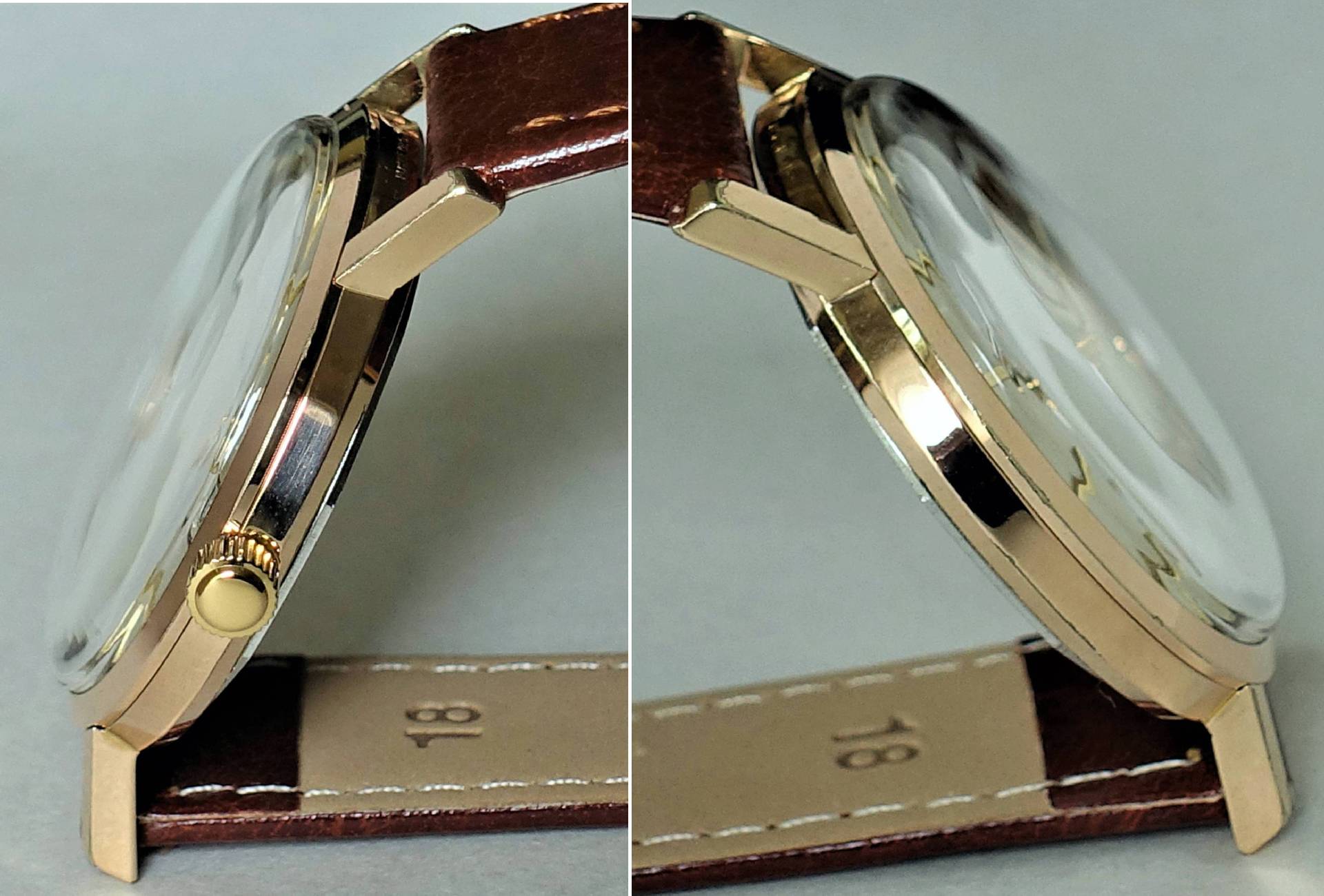 Flache Armbanduhr mit goldfarbenem Gehäuse und braunem Lederarmband.