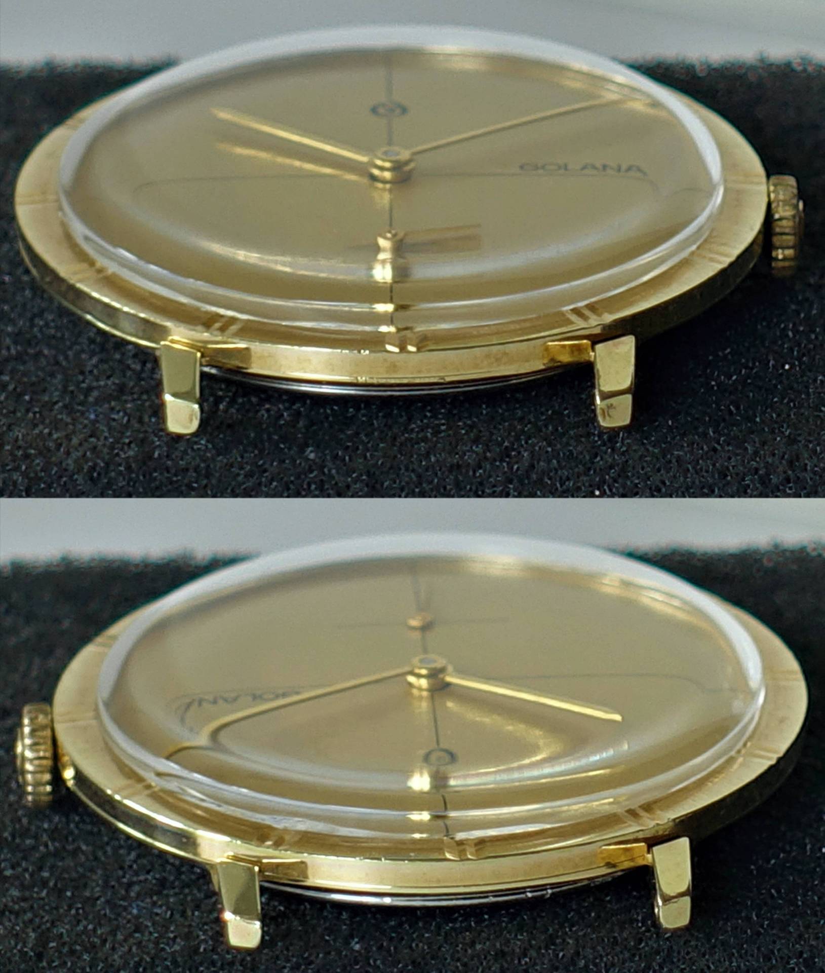 Flache Armbanduhr in goldener Farbe mit Glasabdeckung und goldfarbenem Zifferblatt.