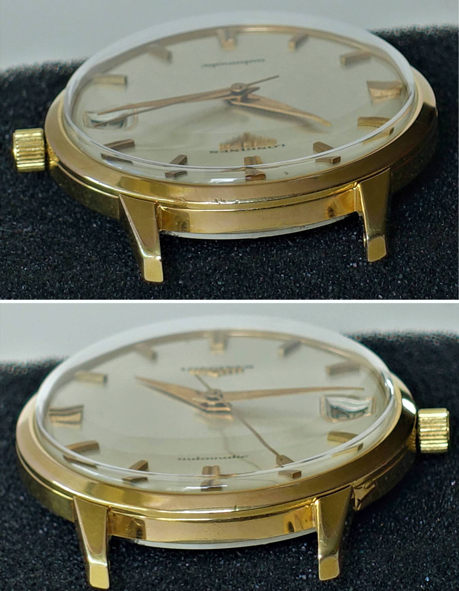 Goldfarbene Armbanduhr mit hellem Zifferblatt und goldenen Zeigern.