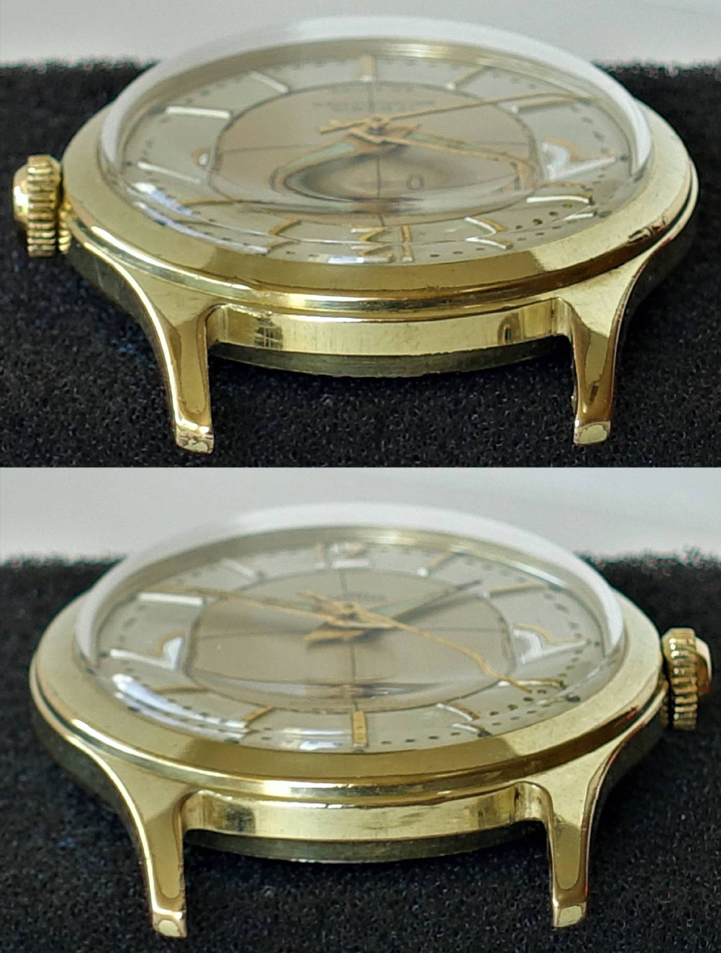 Goldfarbene Armbanduhr mit hellem Zifferblatt und goldenen Zeigern.