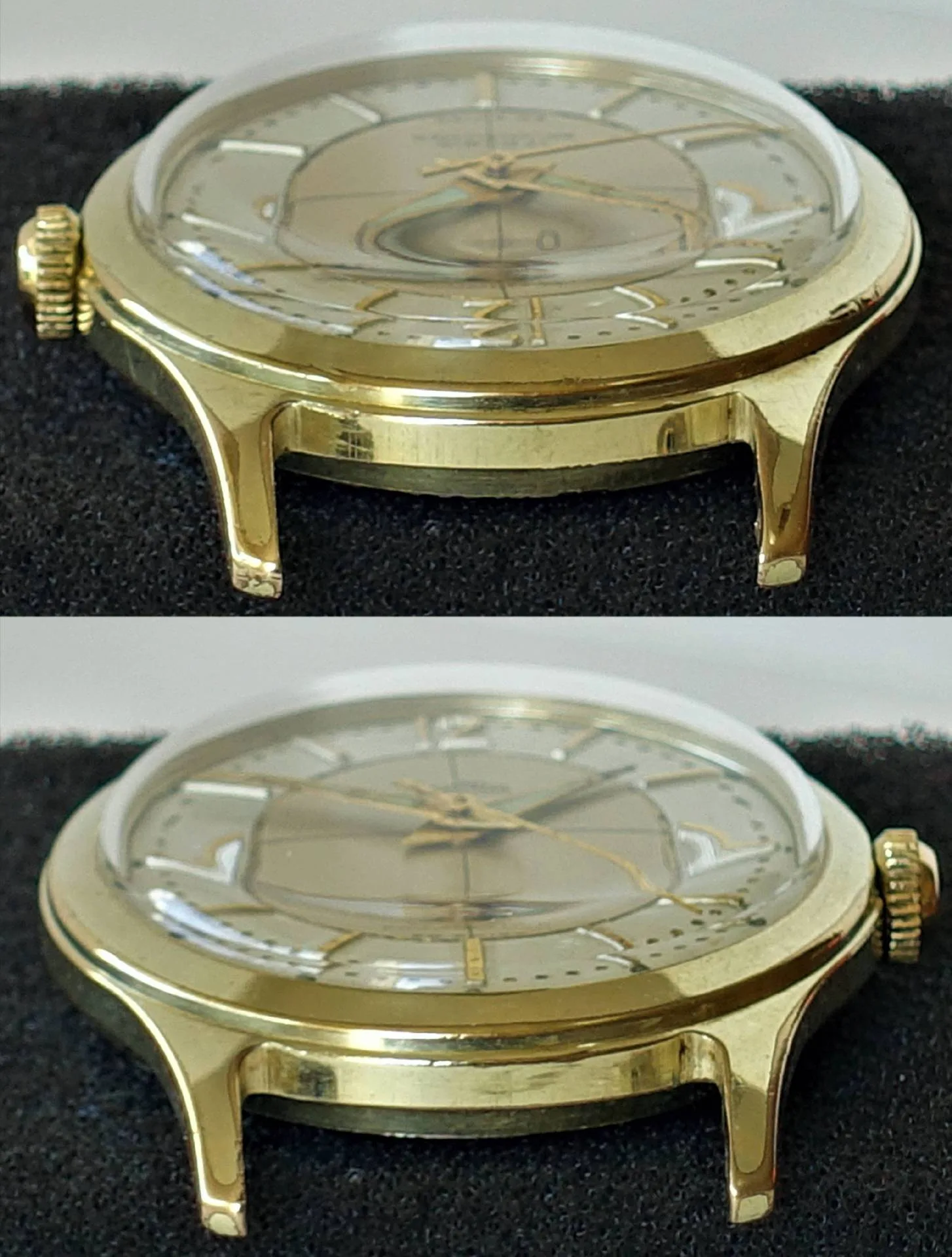 Goldfarbene Armbanduhr mit hellem Zifferblatt und goldenen Zeigern.