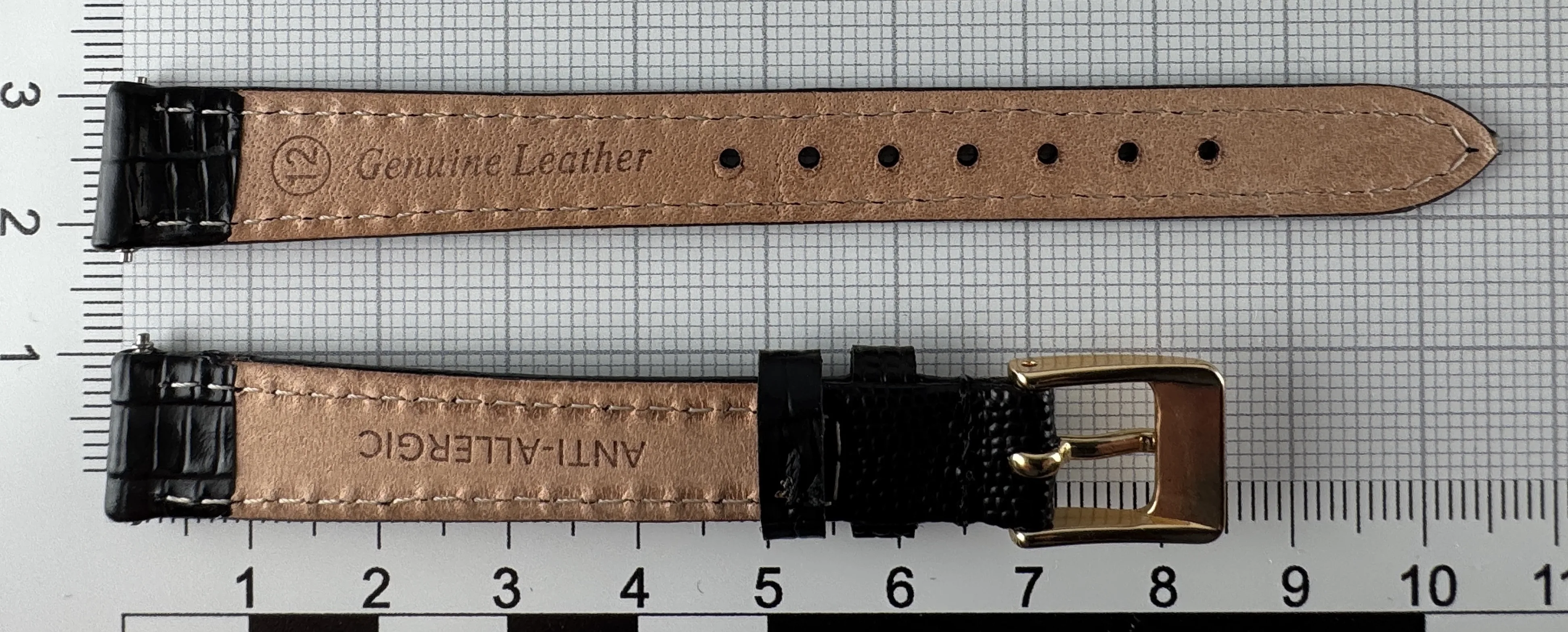 Uhrenarmband Leder 12mm schwarz gold Eidechsenstruktur Uhrenarmband Leder 12mm schwarz gold Eidechsenstruktur