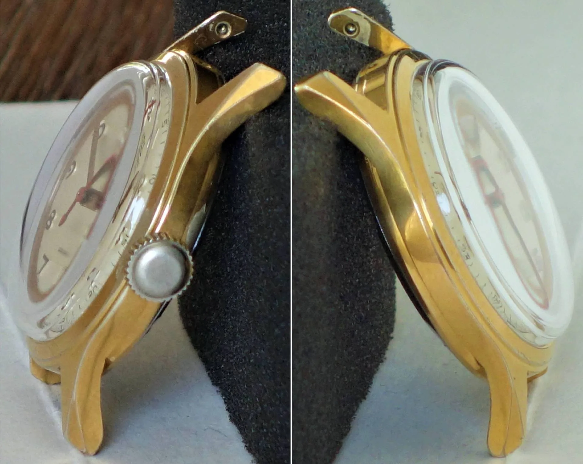 Goldfarbenes Uhrgehäuse mit Krone Goldfarbenes Gehäuse für Armbanduhren mit silberfarbener Krone und transparentem Uhrglas.