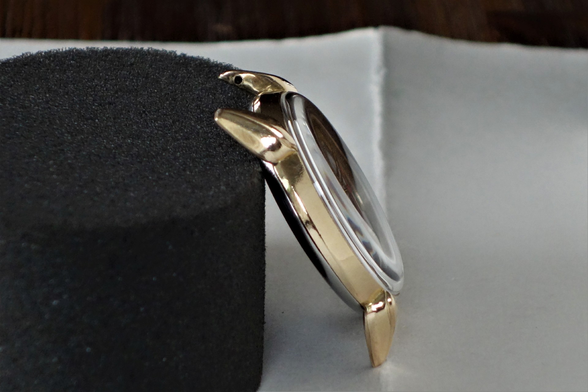 Goldfarbenes Uhrengehäuse ohne Armband und Zifferblatt, seitlich fotografiert.