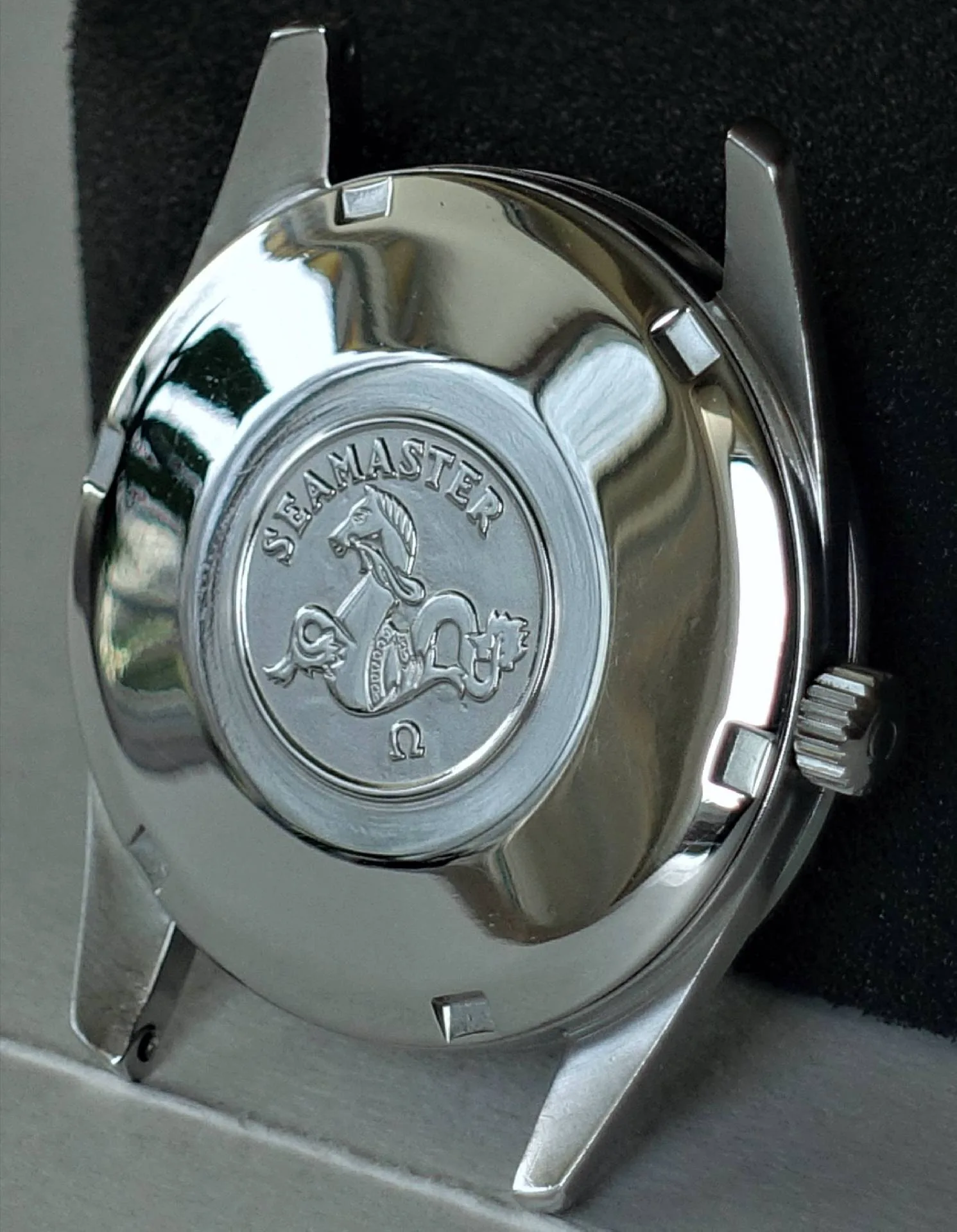 Gehäuse silberfarben Seamaster Silberfarbenes Uhrengehäuse mit graviertem Seamaster-Logo auf der Rückseite.