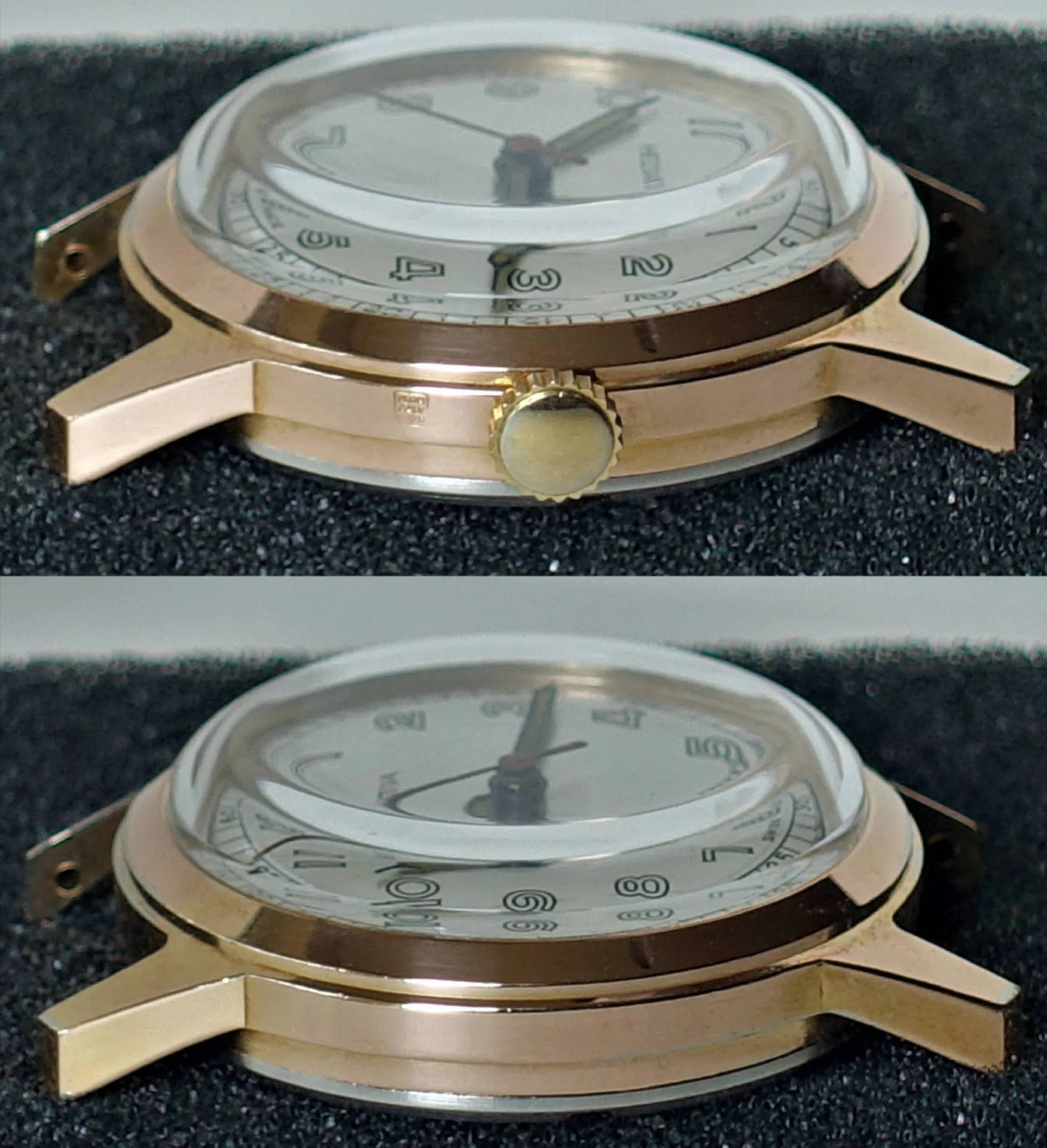 Rundes goldfarbenes Gehäuse einer Armbanduhr mit montiertem Uhrglas und Zifferblatt.