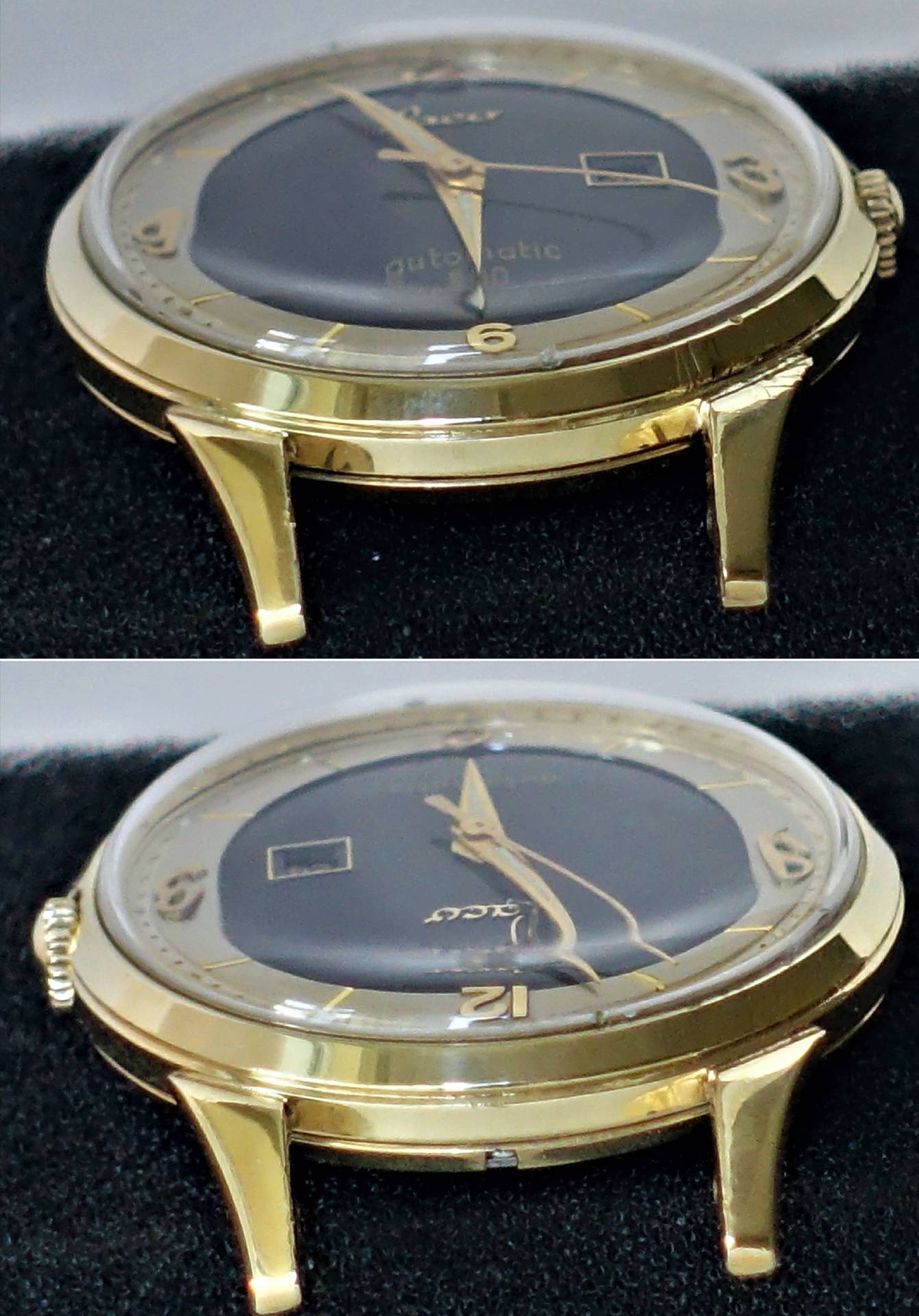 Goldfarbene Armbanduhr mit schwarzem Zifferblatt und goldenen Zeigern.