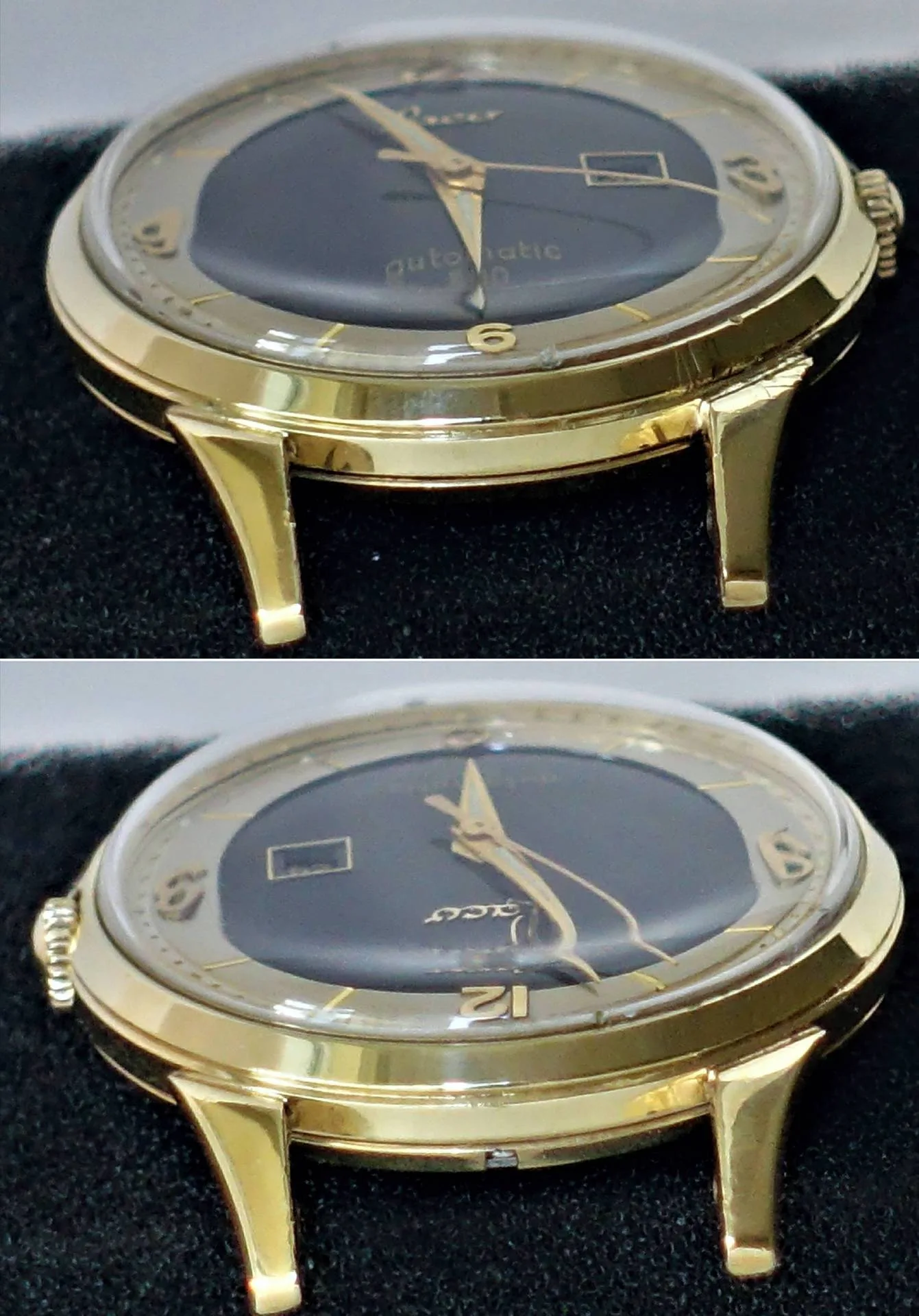 Armbanduhr goldfarben schwarz Goldfarbene Armbanduhr mit schwarzem Zifferblatt und goldenen Zeigern.