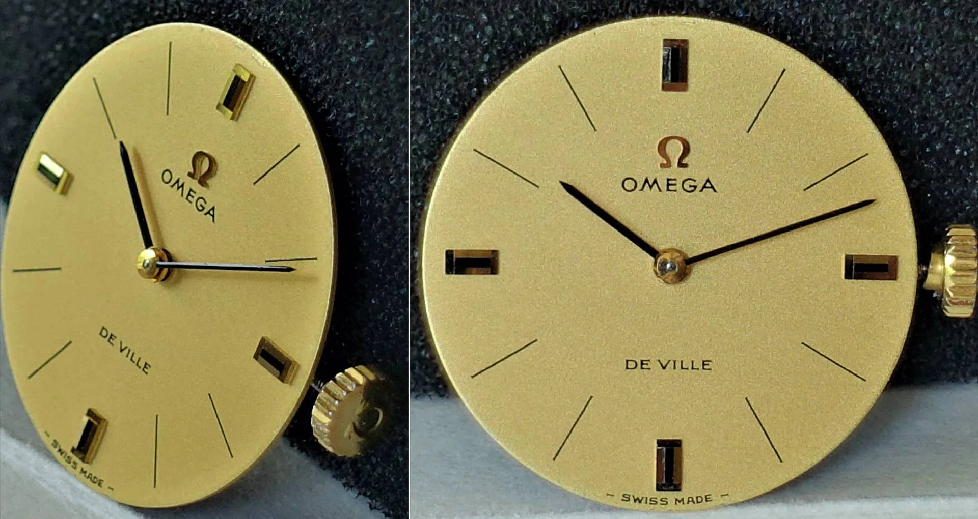 Goldenes Zifferblatt mit Zeigern und Krone für Omega De Ville Uhr.