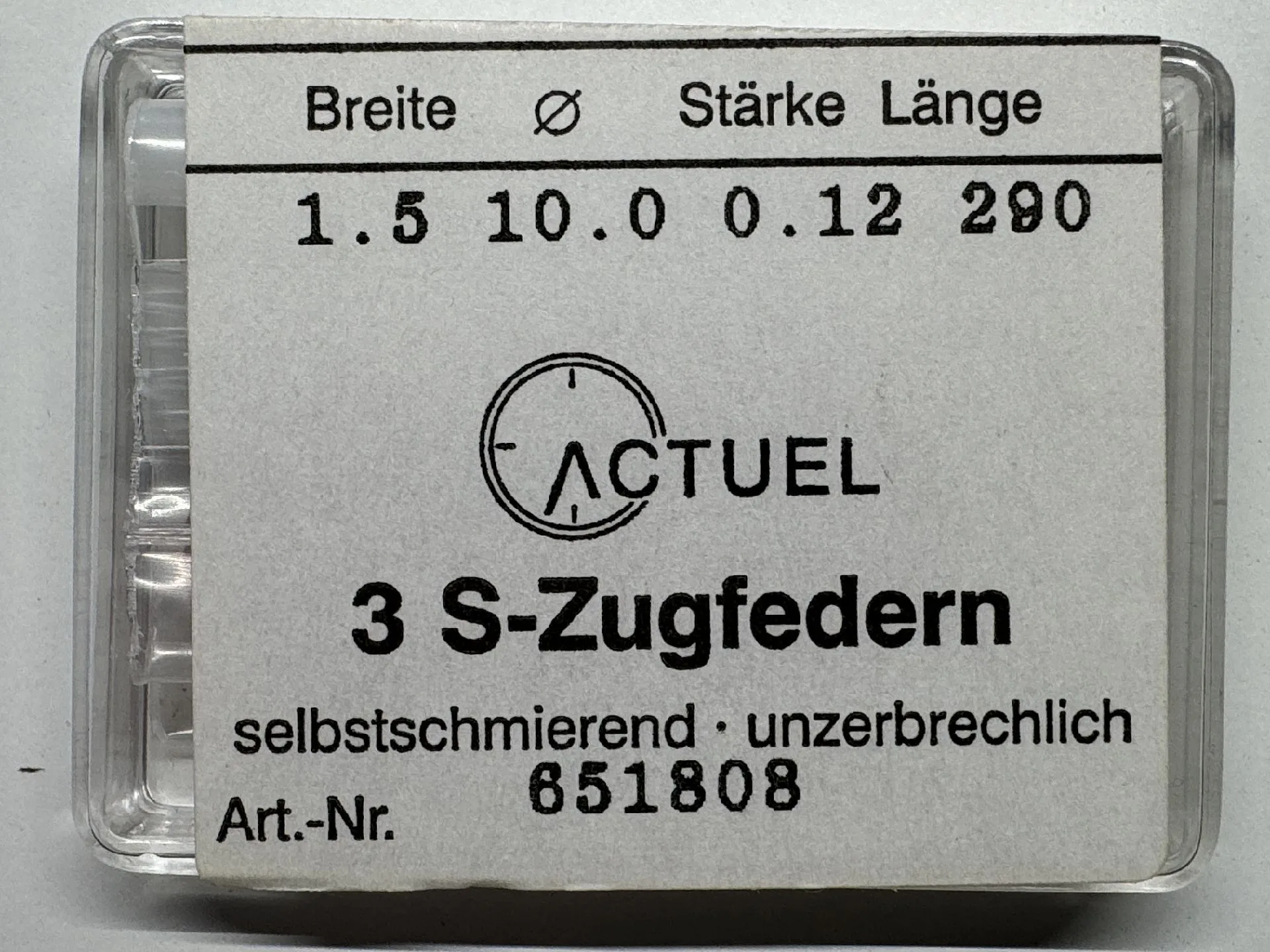 S-Zugfedern Set Verpackung mit drei silberfarbenen S-Zugfedern für Uhren.