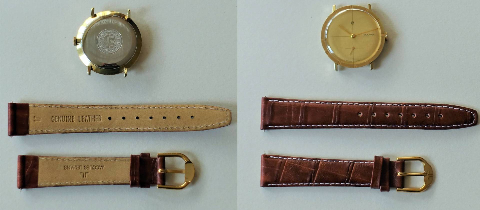 Zerlegte goldfarbene Armbanduhr mit braunem Lederarmband und goldfarbener Dornschließe.