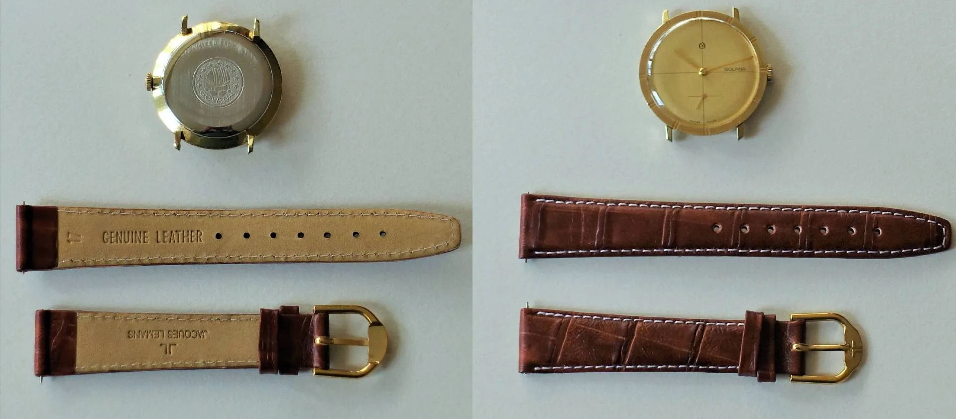 Solana Armbanduhr goldfarben Zerlegte goldfarbene Armbanduhr mit braunem Lederarmband und goldfarbener Dornschließe.