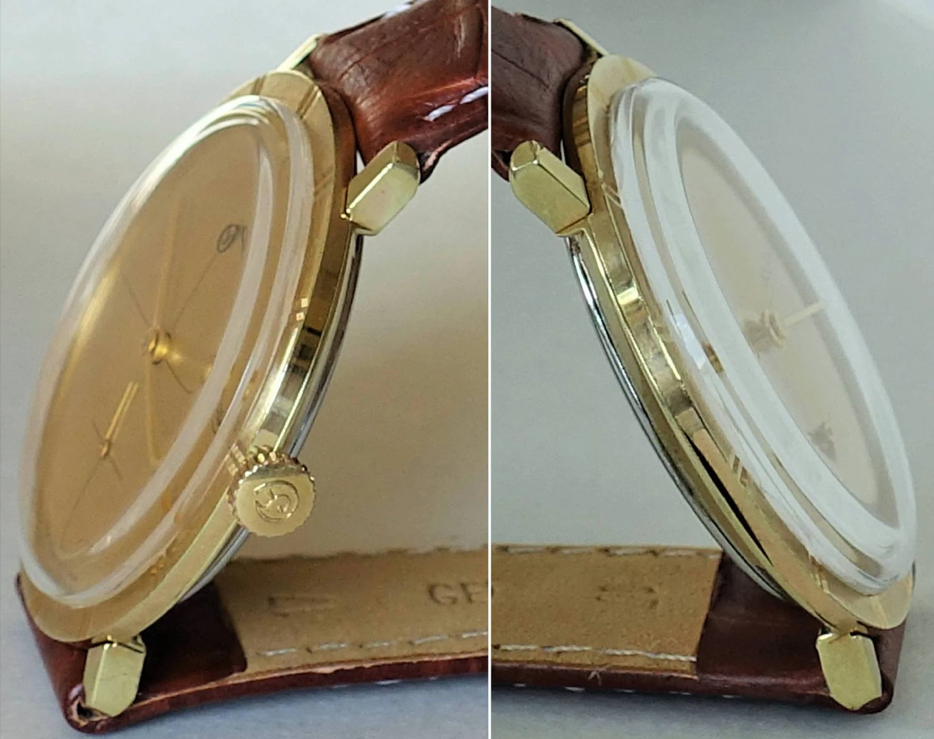 Flache Armbanduhr mit goldfarbenem Gehäuse, braunem Armband und hellem Zifferblatt.