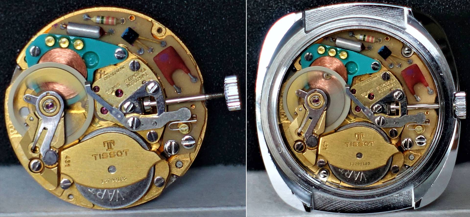Goldenes Quarz-Uhrwerk von Tissot mit sichtbarer Batterie und Elektronik.