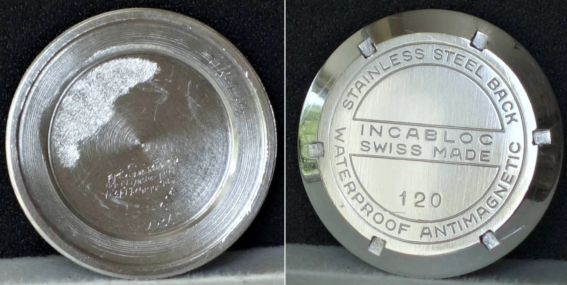 Edelstahl Uhrenboden Incabloc Silberfarbener Edelstahlboden für Armbanduhren mit Incabloc-Signatur und Gravur "Swiss Made".