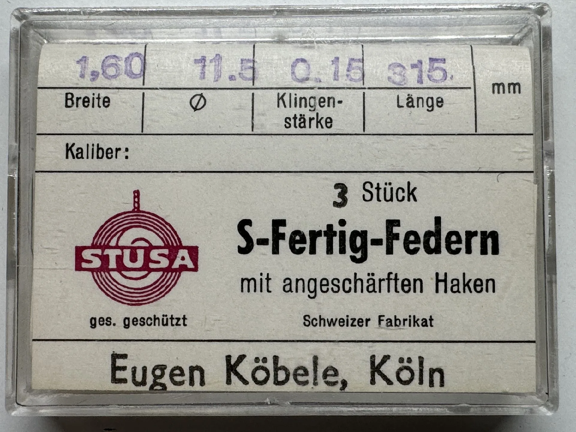 S-Fertig-Federn Set Set mit drei Uhrmacher-Federn mit angeschärften Haken in transparenter Kunststoffbox.