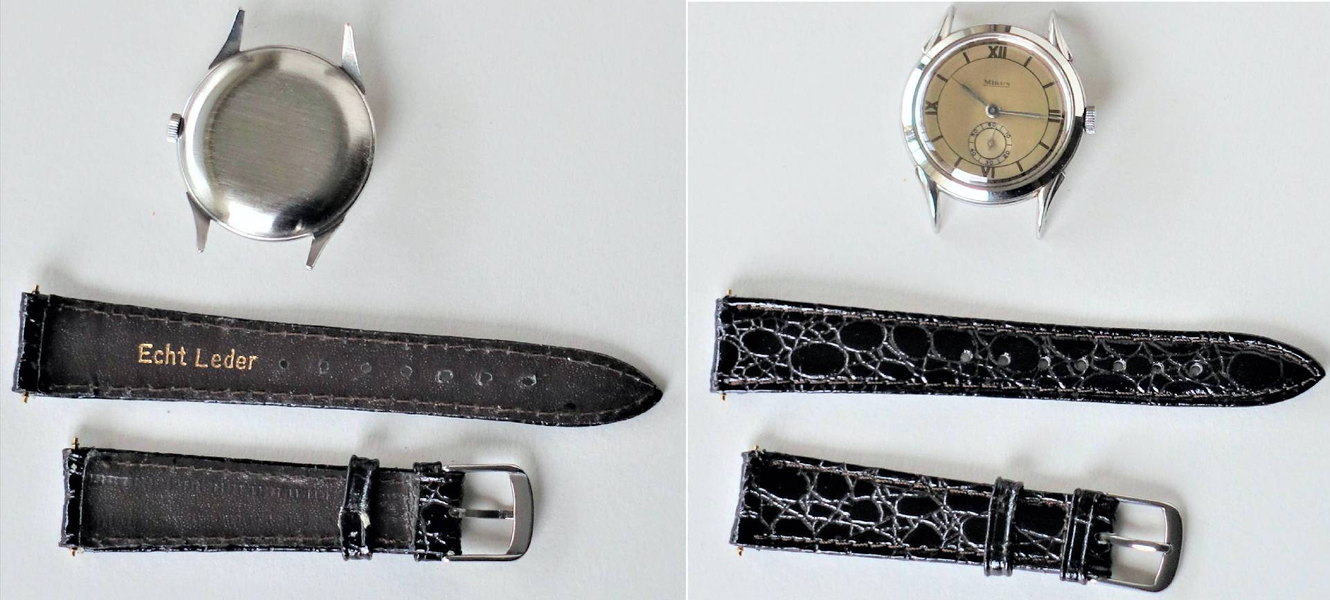 Eine silberfarbene Armbanduhr mit beigem Zifferblatt liegt neben zwei schwarzen Lederarmbändern unterschiedlicher Struktur.