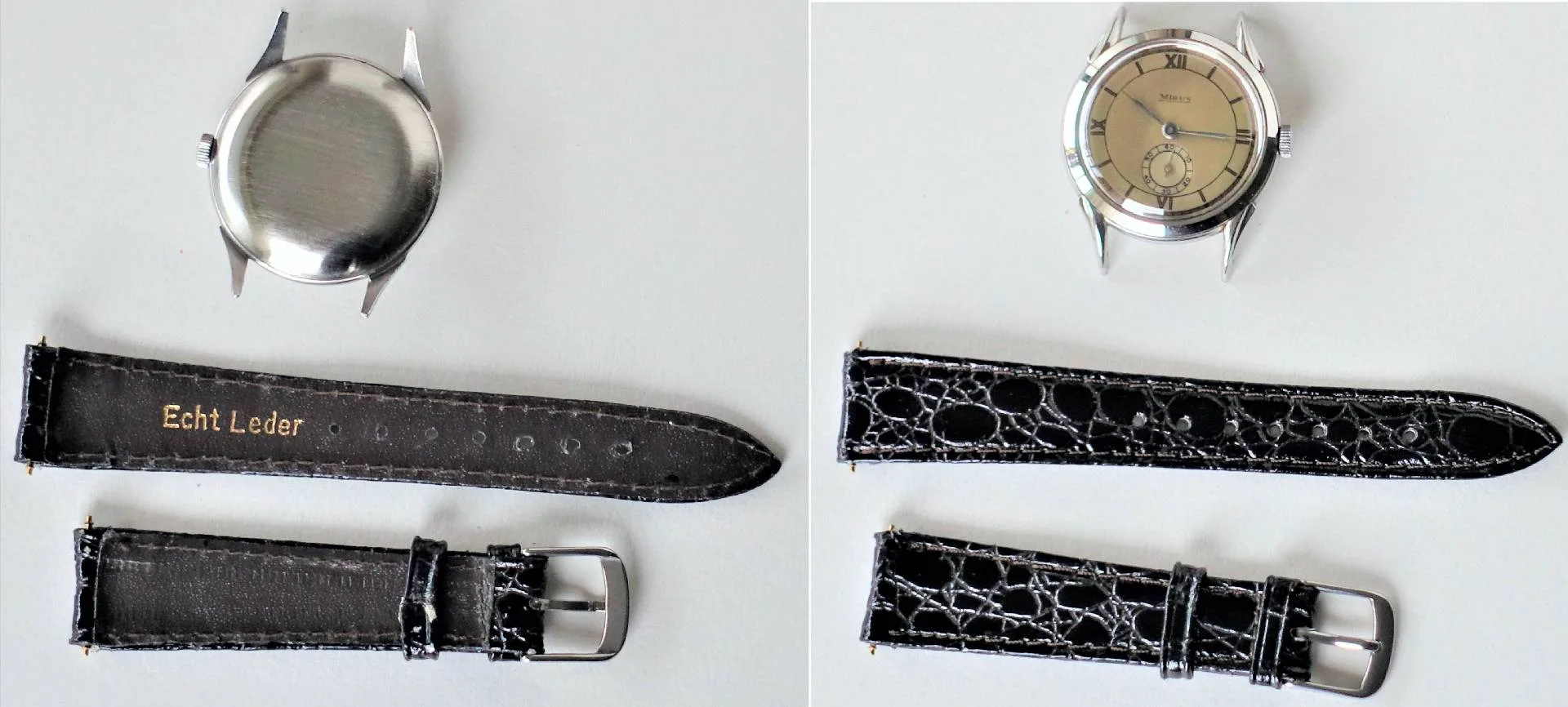 Eine silberfarbene Armbanduhr mit beigem Zifferblatt liegt neben zwei schwarzen Lederarmbändern unterschiedlicher Struktur.
