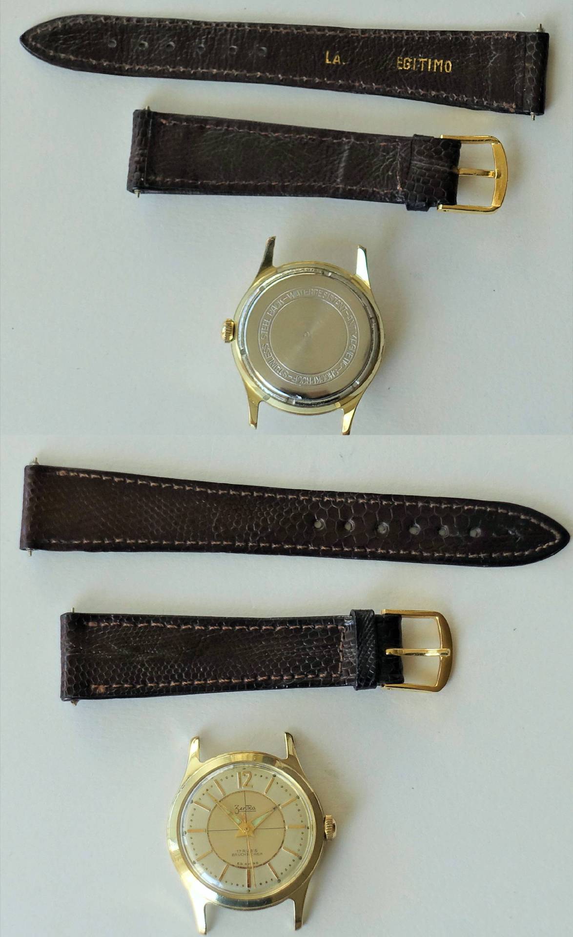 Goldfarbene Armbanduhr mit hellem Zifferblatt und braunem Lederarmband mit goldfarbener Schließe.