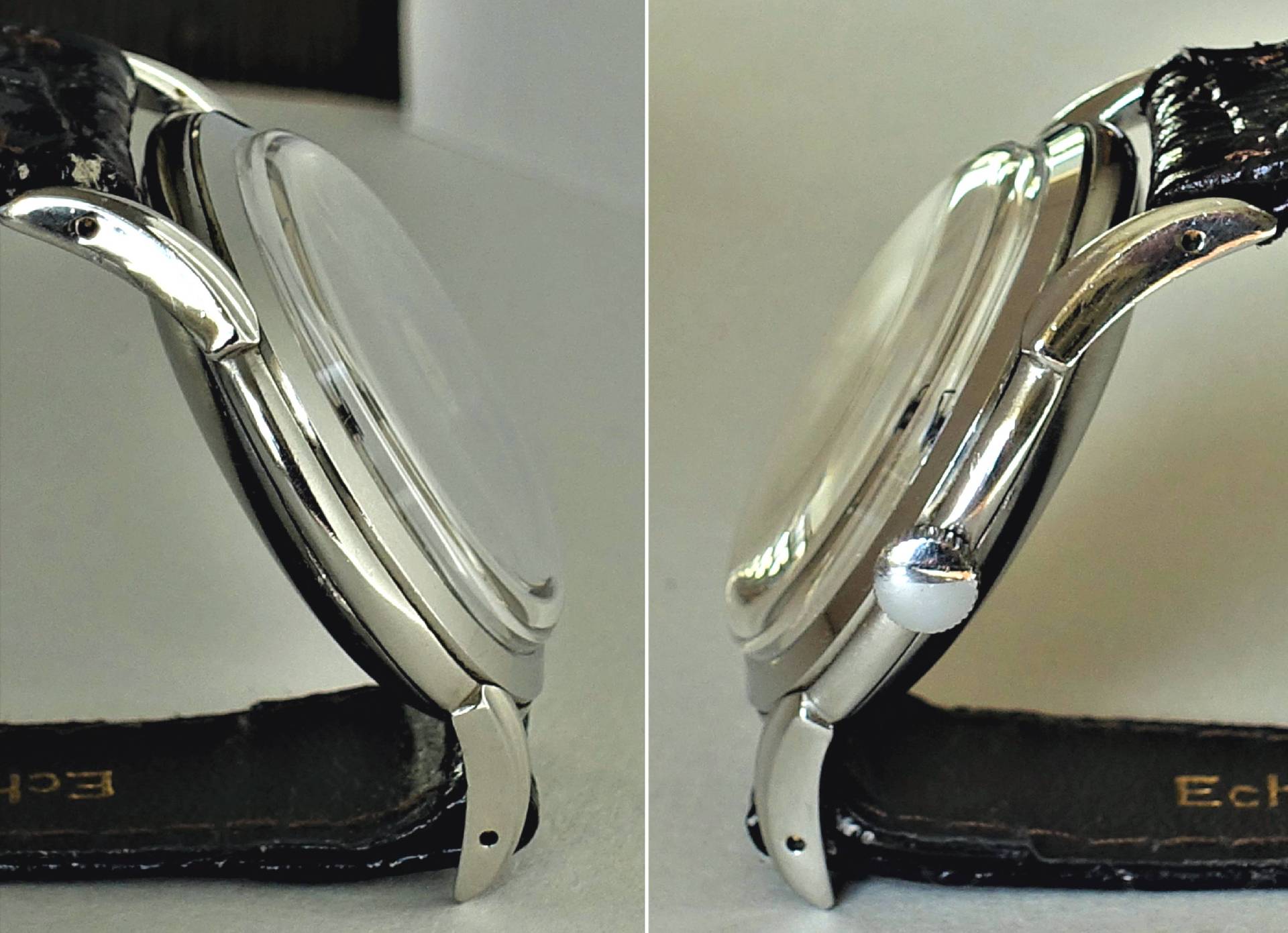 Zwei seitliche Ansichten einer silberfarbenen Uhr mit schwarzem Armband und runder Krone.