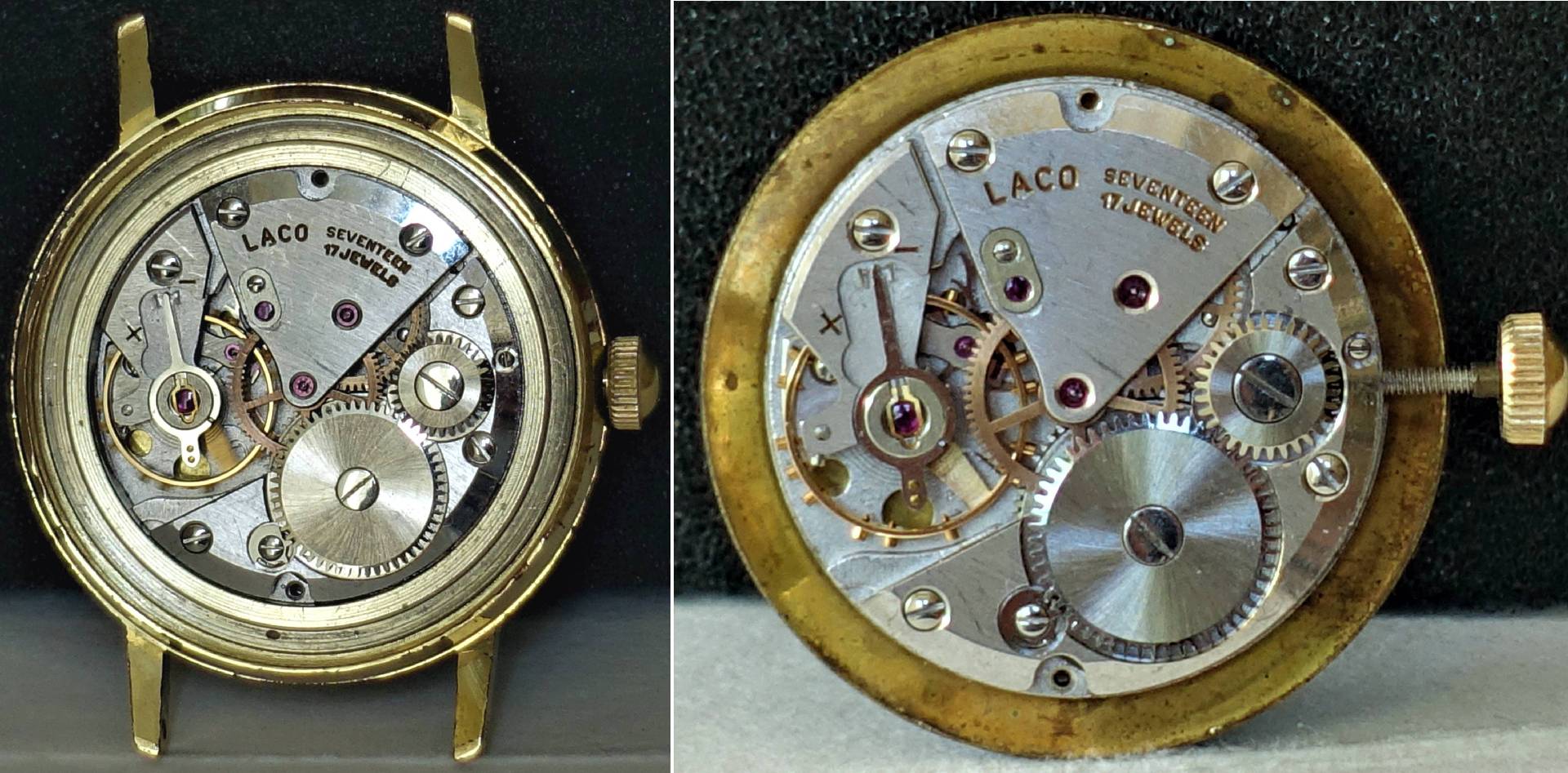 Mechanisches Uhrwerk von Laco mit sichtbaren Zahnrädern und goldfarbener Krone.