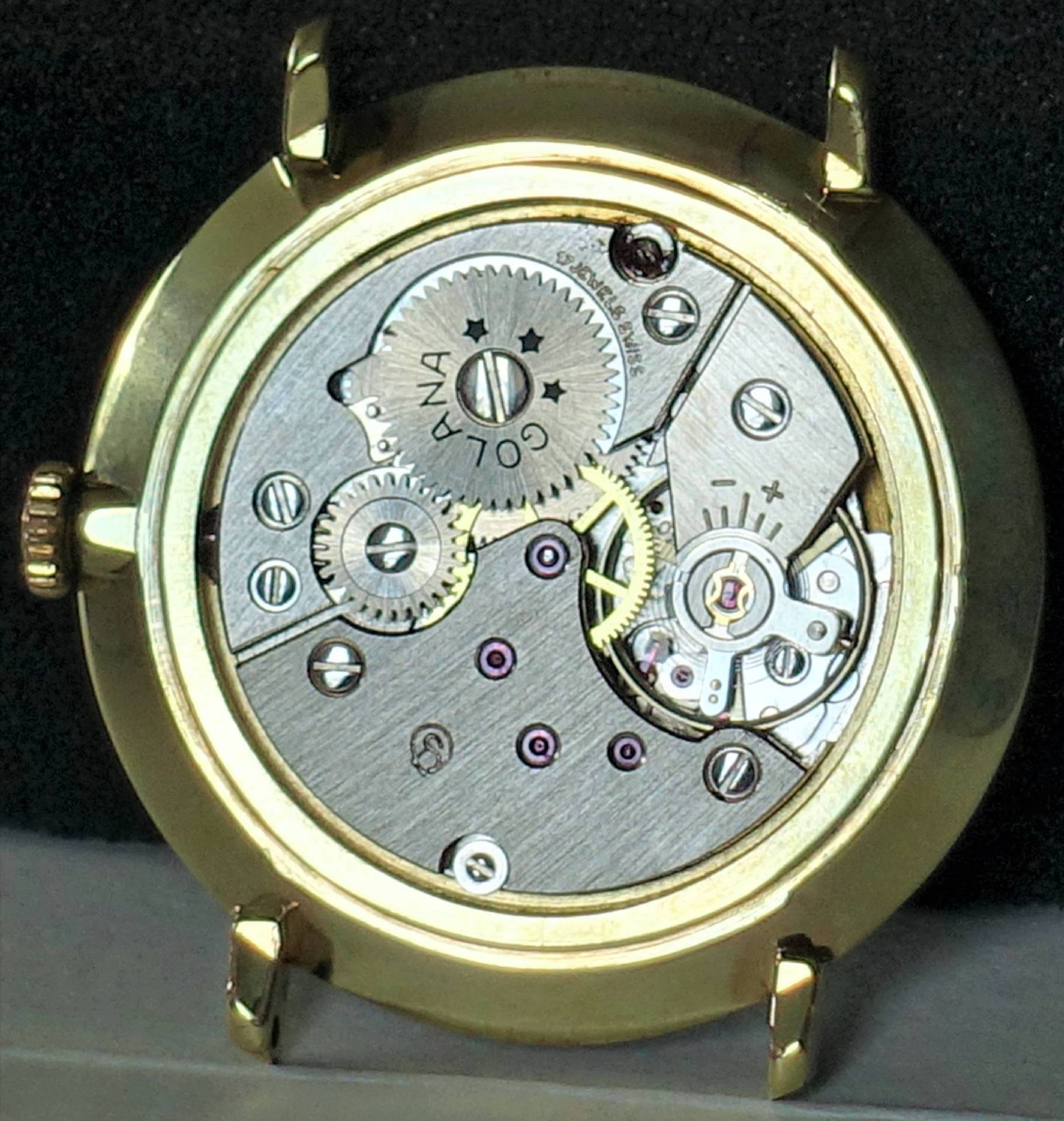 Mechanisches Uhrwerk in einem goldfarbenen Gehäuse mit sichtbaren Zahnrädern und Schrauben.