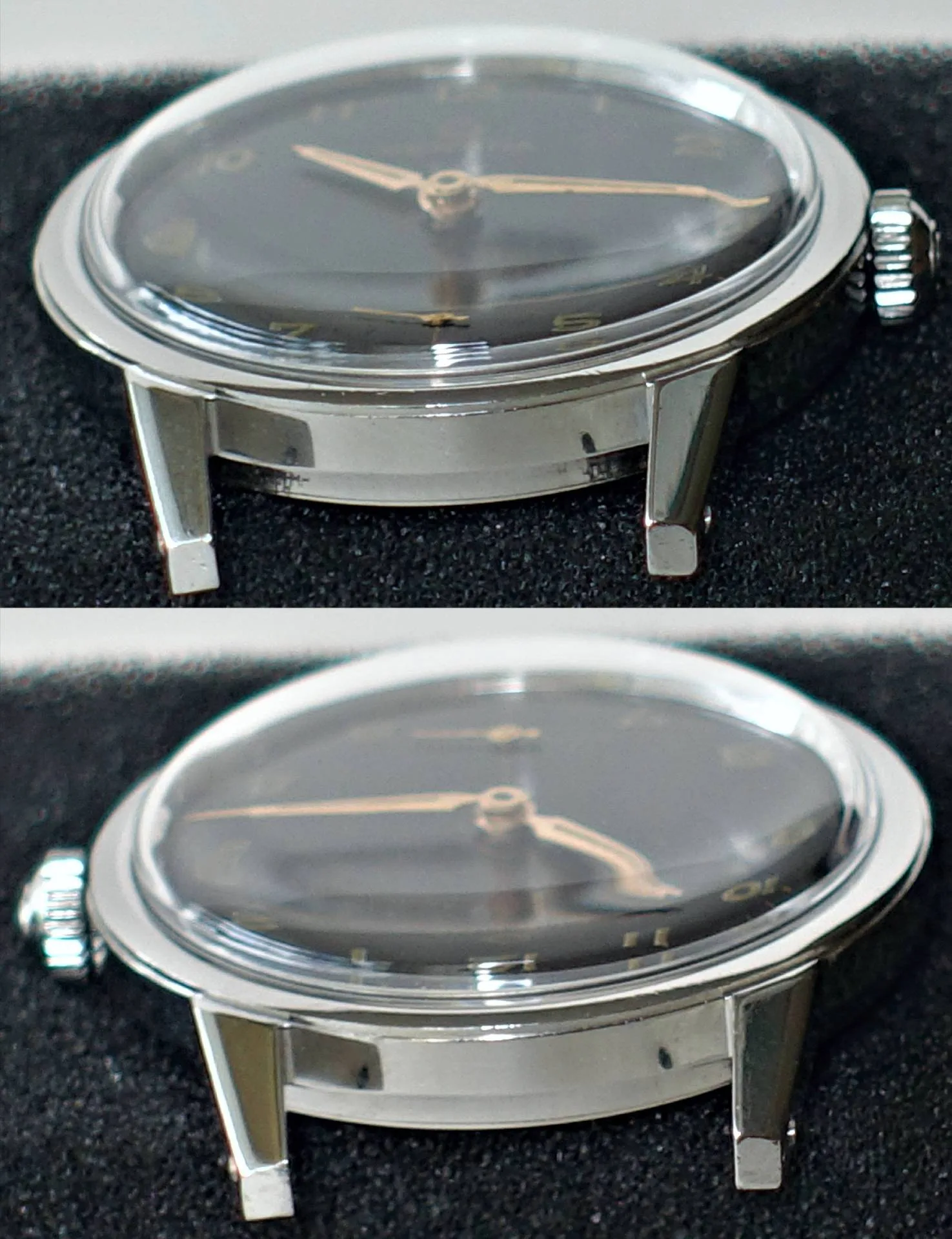 Silberfarbene Armbanduhr mit schwarzem Zifferblatt und goldfarbenen Zeigern.
