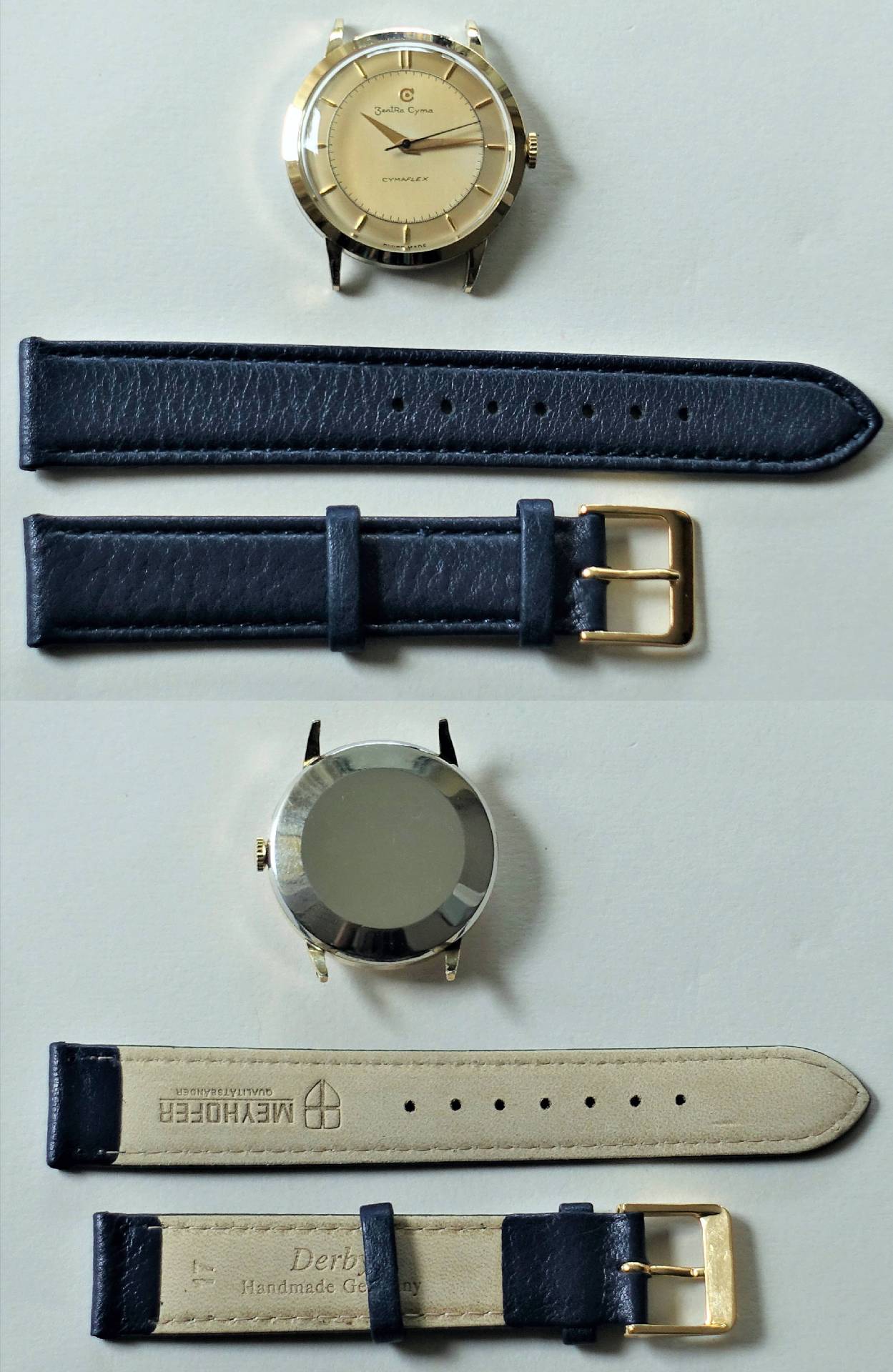 Goldfarbene Armbanduhr mit hellem Zifferblatt und dunkelblauem Lederarmband mit goldfarbener Schließe.