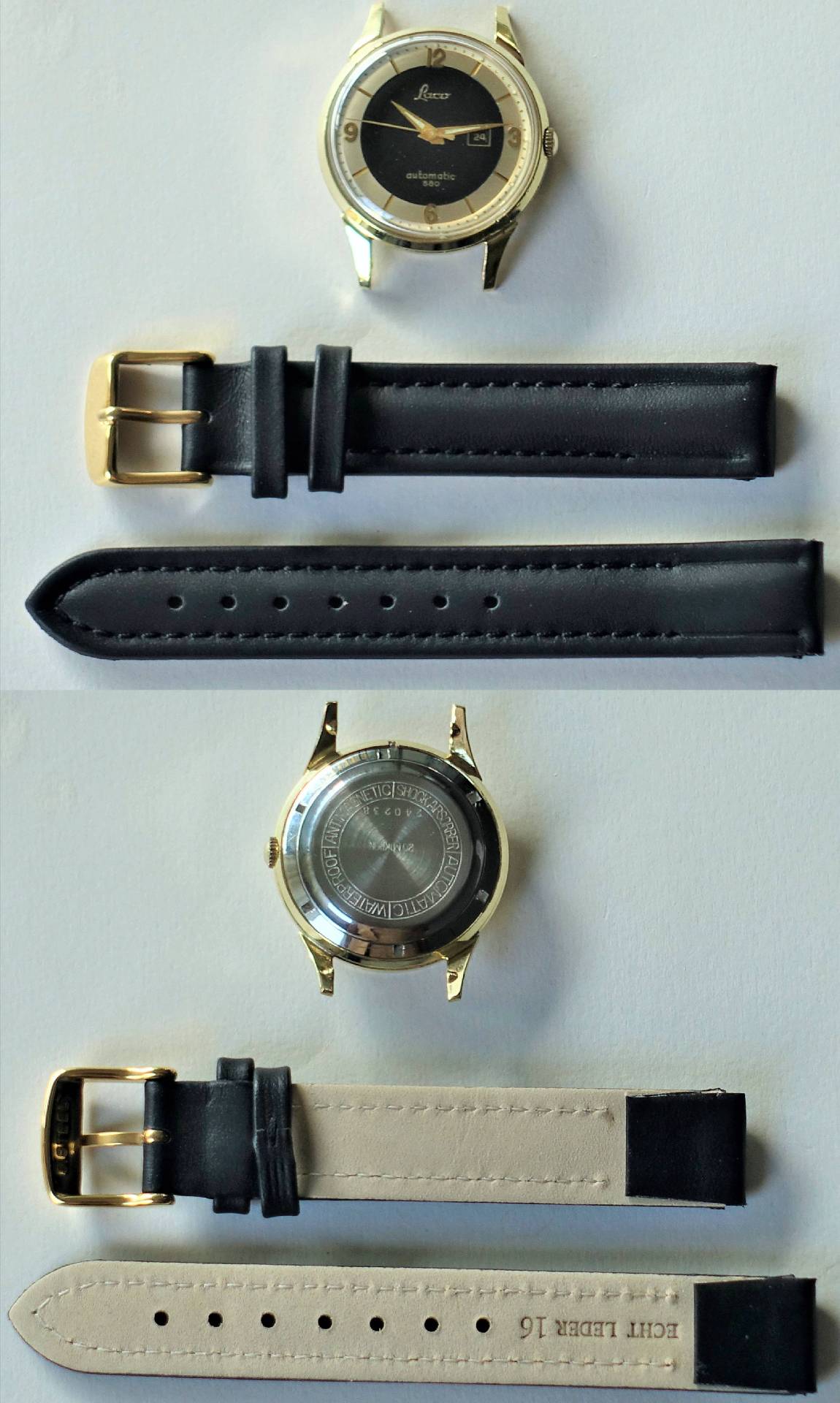 Goldfarbene Armbanduhr mit schwarzem Zifferblatt und Datumsanzeige, daneben ein schwarzes Lederarmband mit goldfarbener Schließe.
