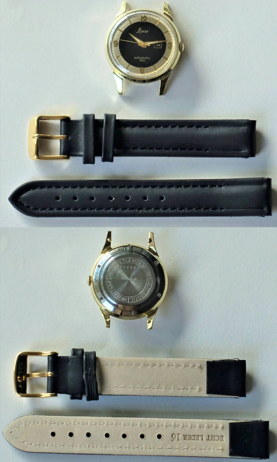Goldfarbene Armbanduhr mit schwarzem Zifferblatt und Datumsanzeige, daneben ein schwarzes Lederarmband mit goldfarbener Schließe.