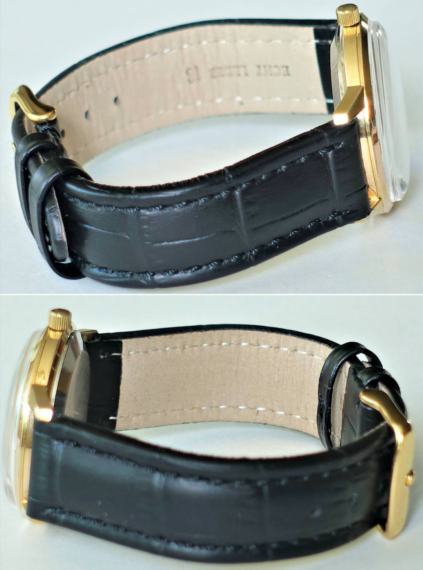 Armbanduhr mit goldfarbenem Gehäuse und schwarzem Armband.