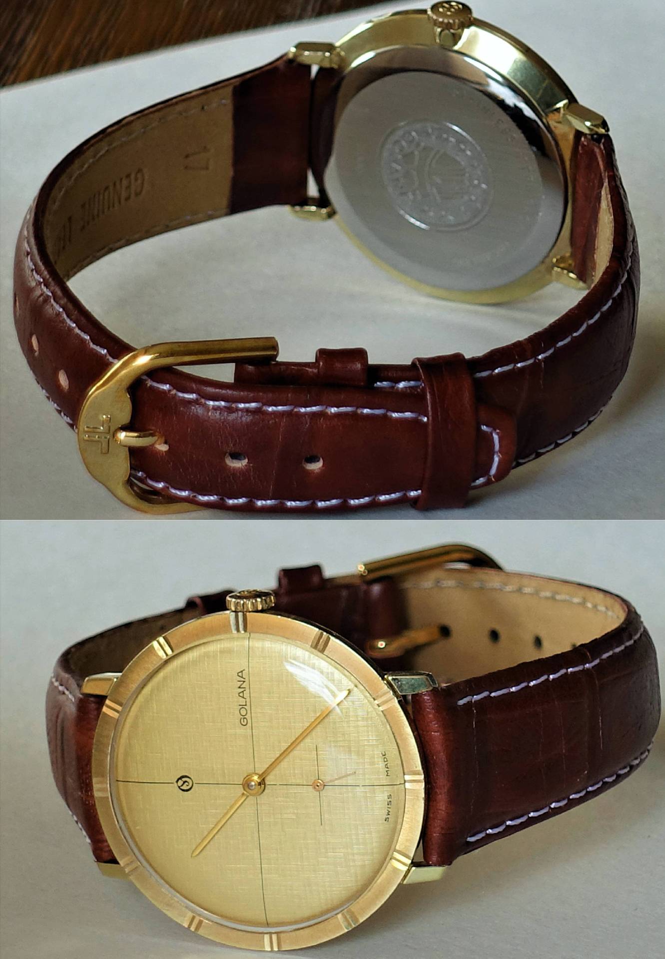 Flache Armbanduhr mit goldenem Gehäuse, hellem Zifferblatt und braunem Lederarmband.