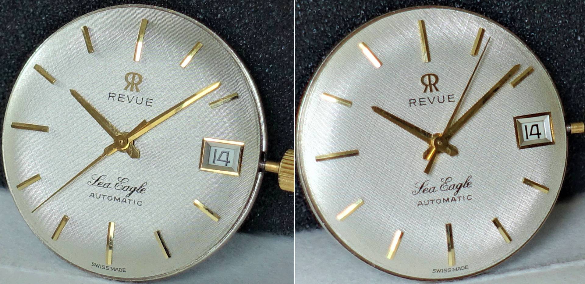 Silberfarbenes Zifferblatt mit goldfarbenen Indizes und Zeigern, Datumsanzeige bei drei Uhr, Aufschrift "Revue Sea Eagle Automatic".