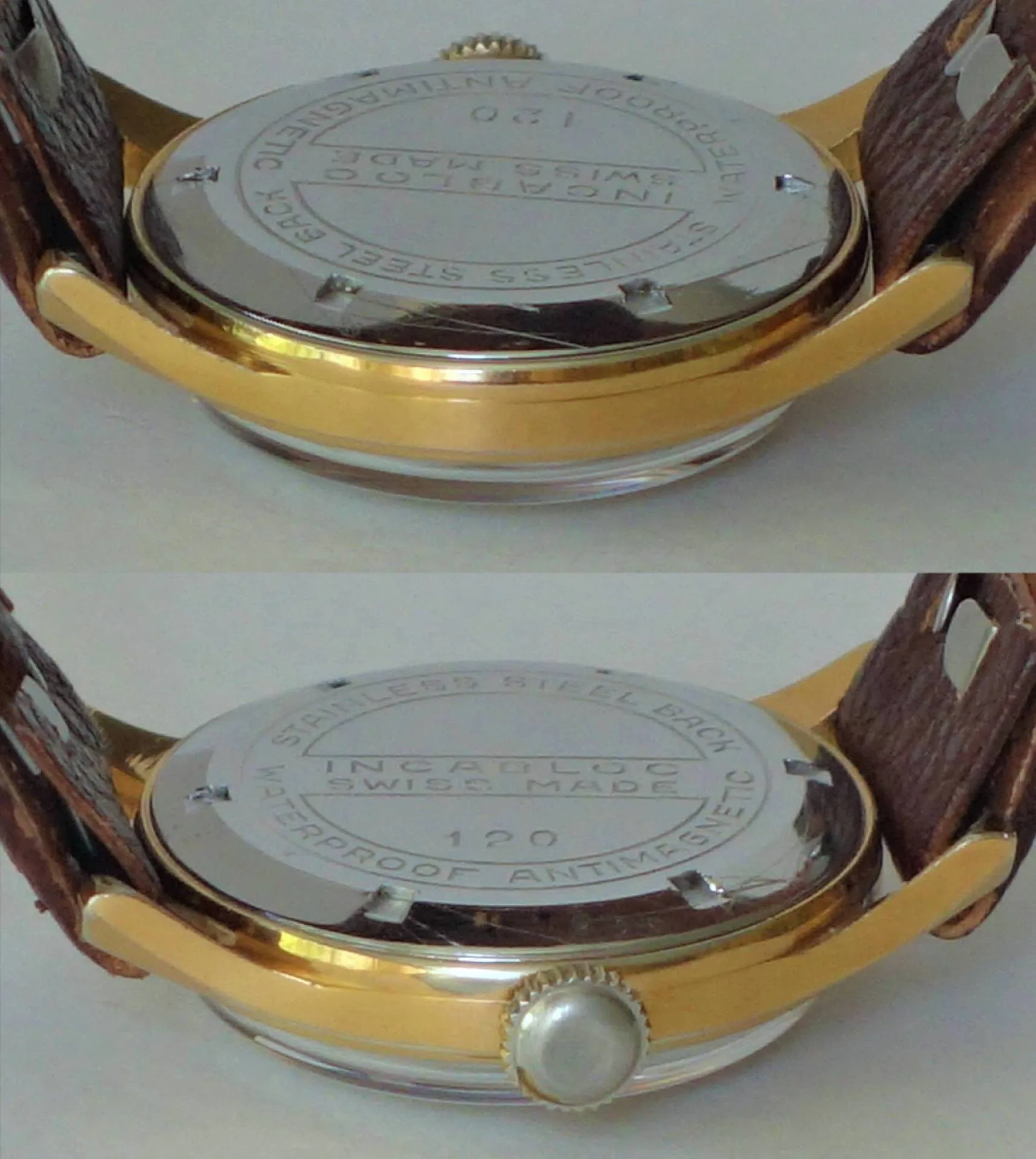 Uhrboden Edelstahl rund Runder silberfarbener Edelstahlboden einer Armbanduhr mit goldfarbenem Gehäuse und braunem Armband.