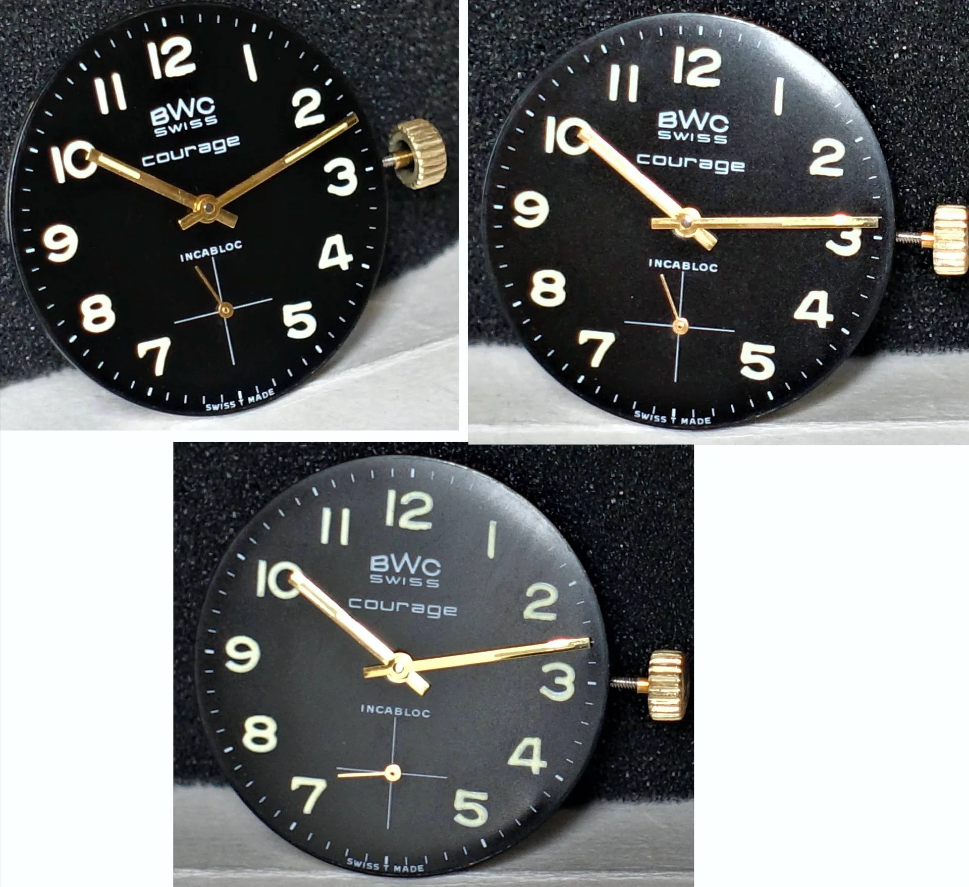 BWC Uhrwerk schwarz Schwarzes Uhrwerk mit goldfarbenen Zeigern und sichtbarer Krone, Zifferblatt mit weißen Zahlen und der Aufschrift "BWC Swiss courage".