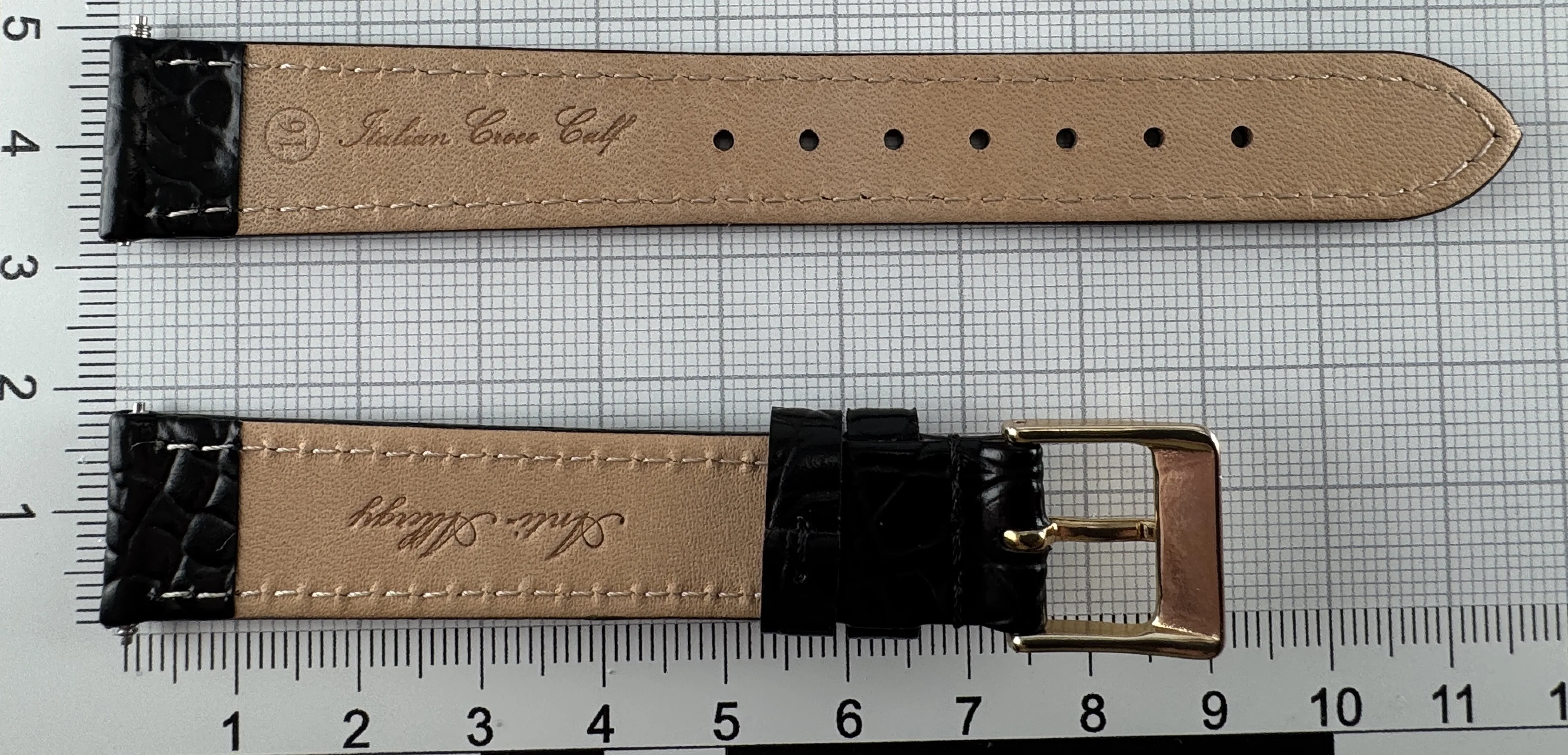 Uhrenarmband Leder 16mm schwarz - Kalbsleder mit Krokodilstruktur - 14mm vergoldet
