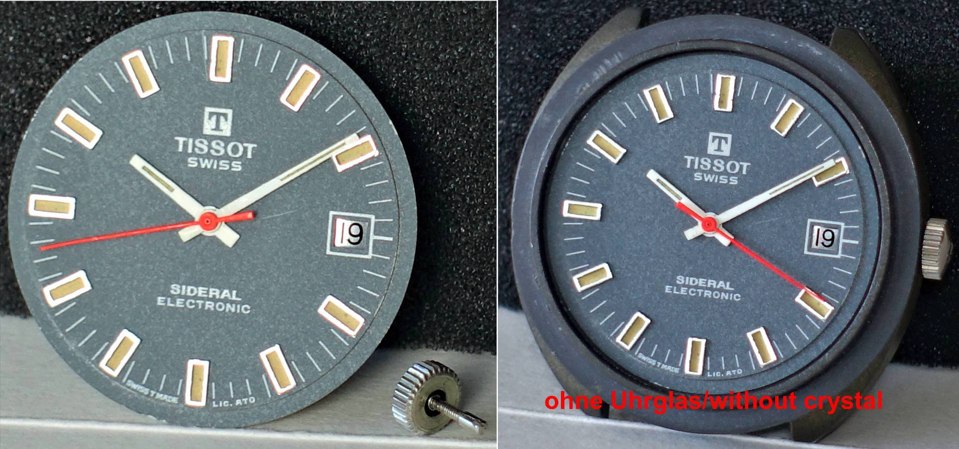 Nahaufnahme einer Tissot Sideral Electronic Uhr ohne Uhrglas, Ziffernblatt mit Datumsanzeige am 19. Tag, silbernes Gehäuse und Zeiger.